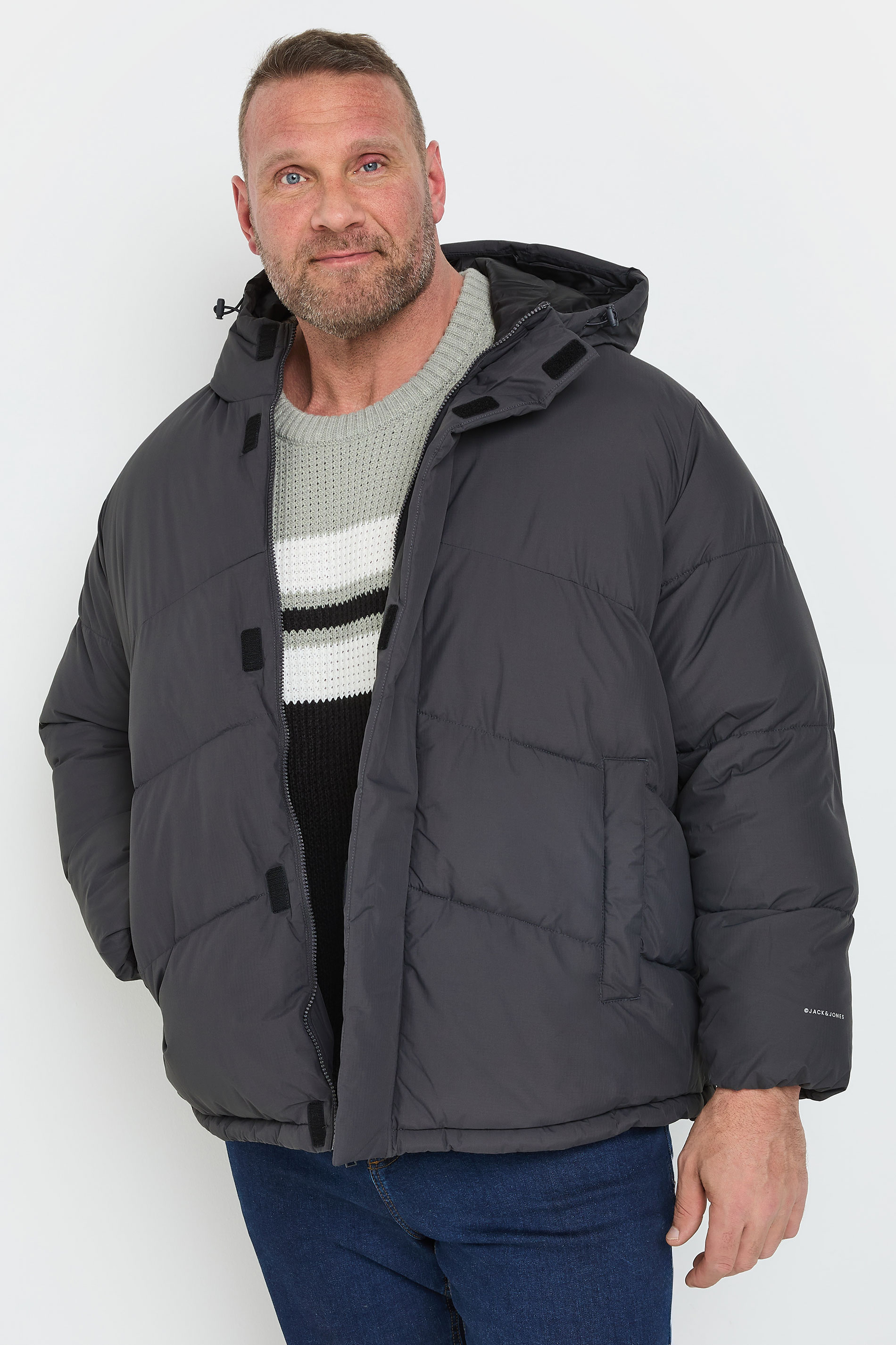 JACK & JONES Big & Tall Grey Hooded Puffer Jacket | BadRhino 1