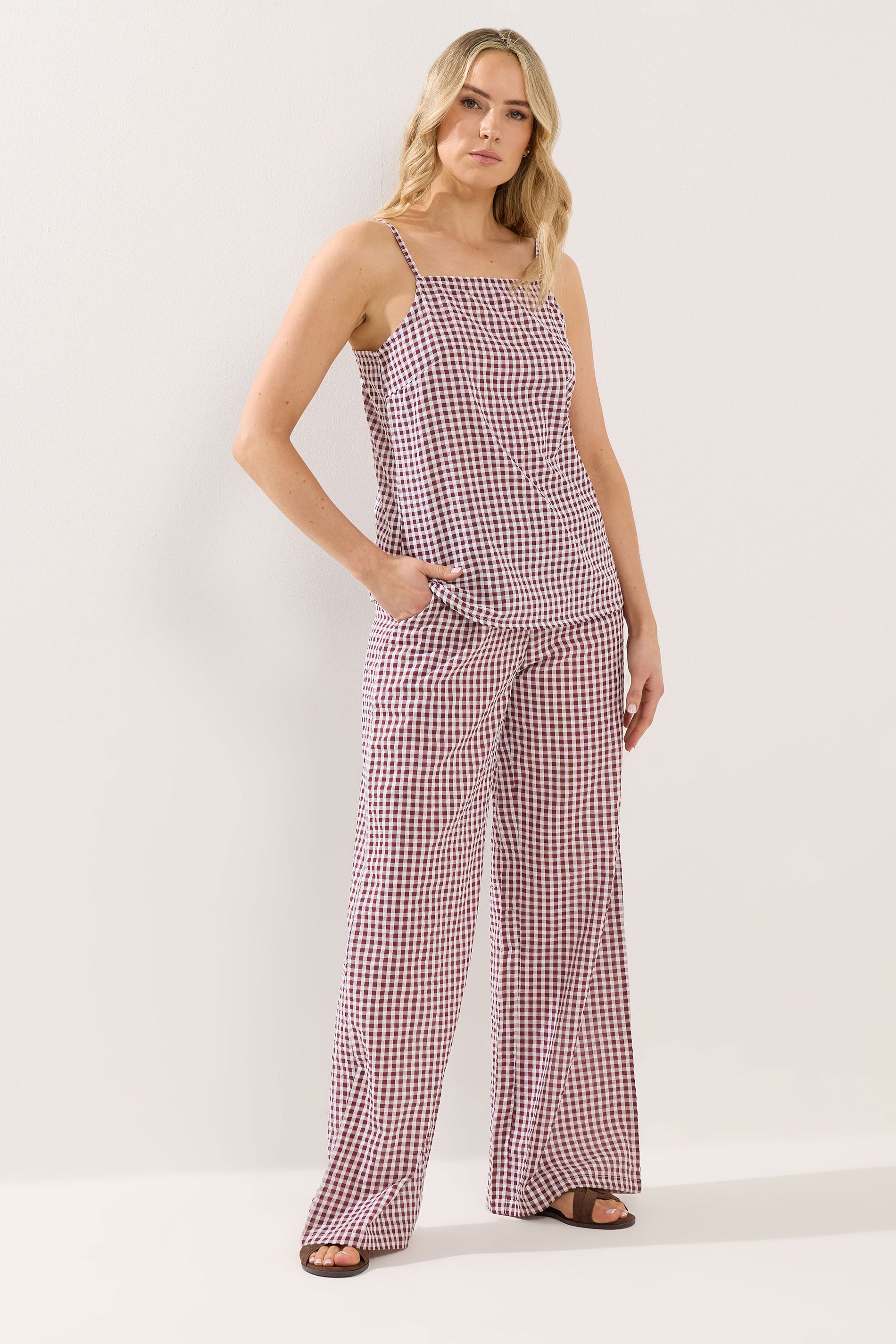 LTS Tall Women's Set Burgundy Red Gingham Cotton Vest Top & Trousers | Long Tall Sally 3