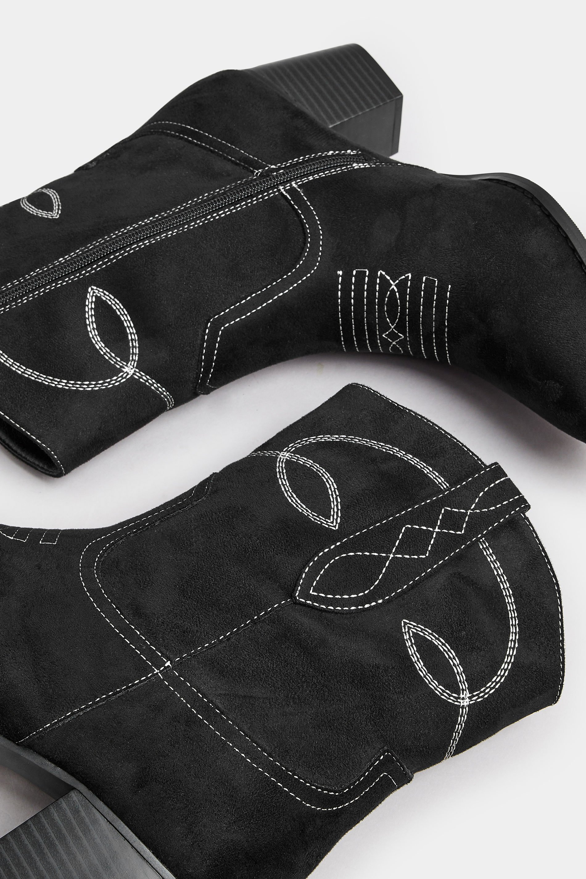 Black Faux Suede Contrast Stitch Western Heel Ankle Boots In Extra Wide EEE Fit | Yours Clothing 6