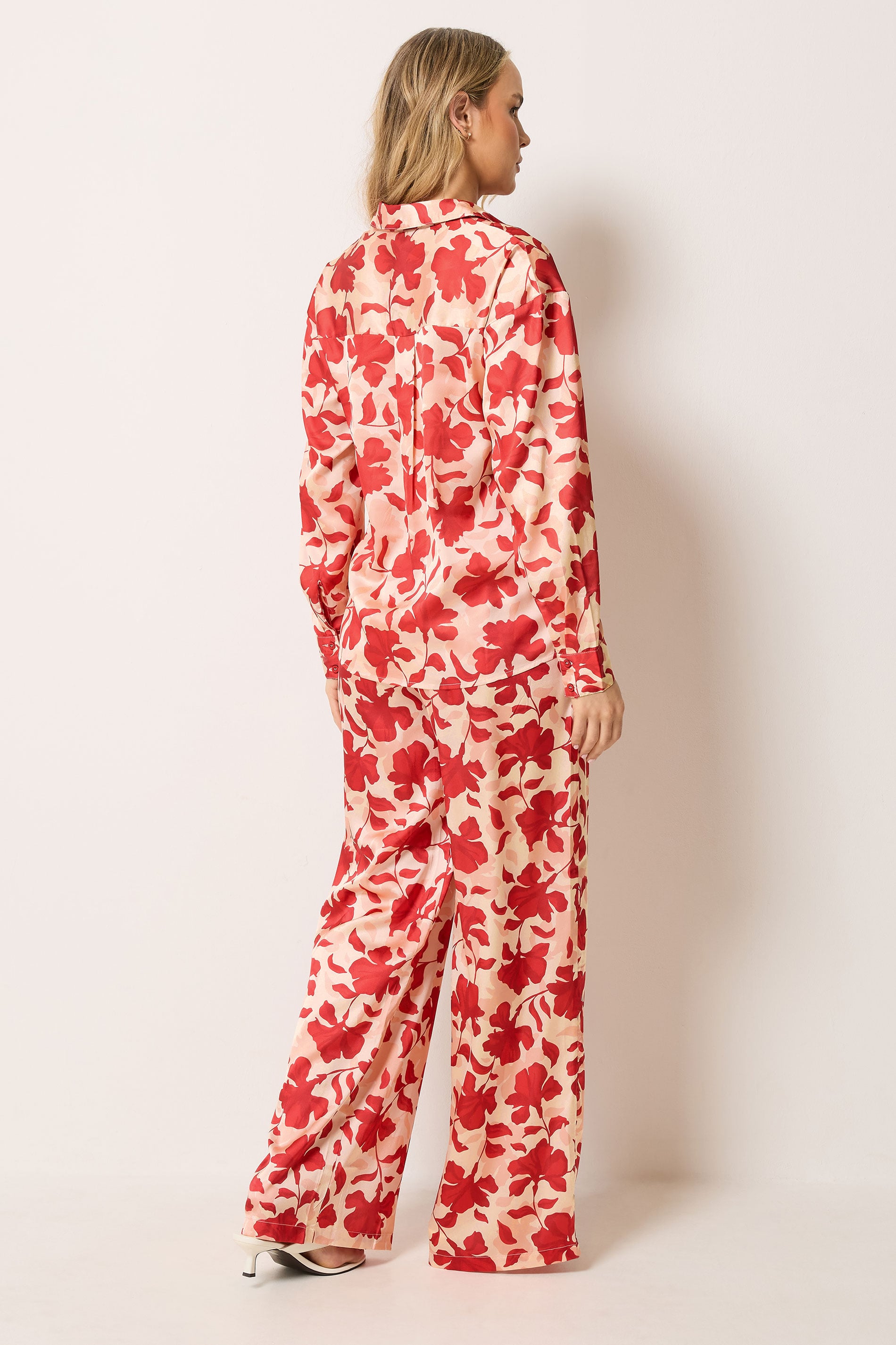 LTS Tall Women's Set Pink Floral Satin Button Shirt & Wide Leg Trousers | Long Tall Sally 2