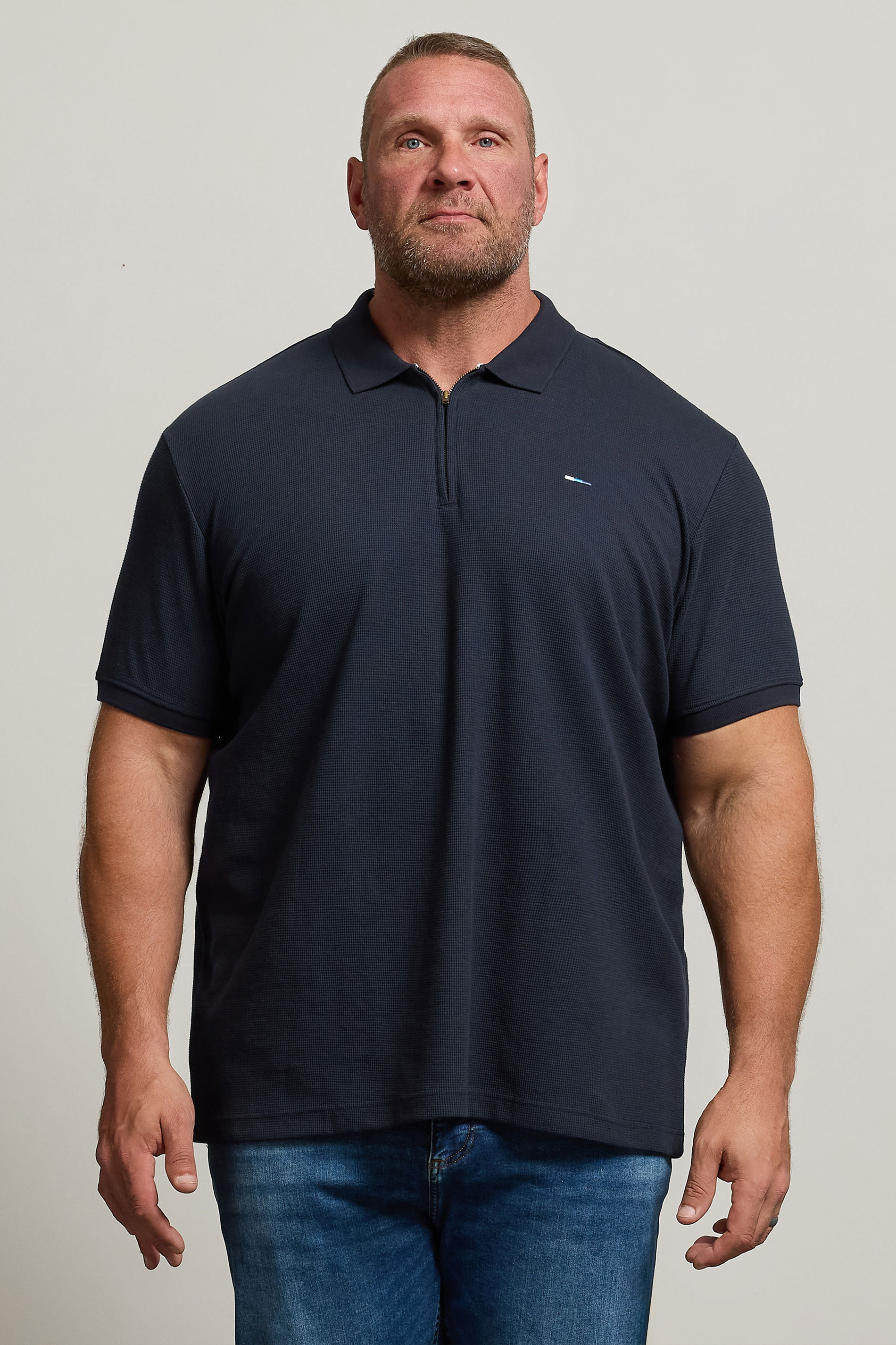 BadRhino Big & Tall Navy Blue Waffle Texture Zip Polo Shirt | BadRhino 1