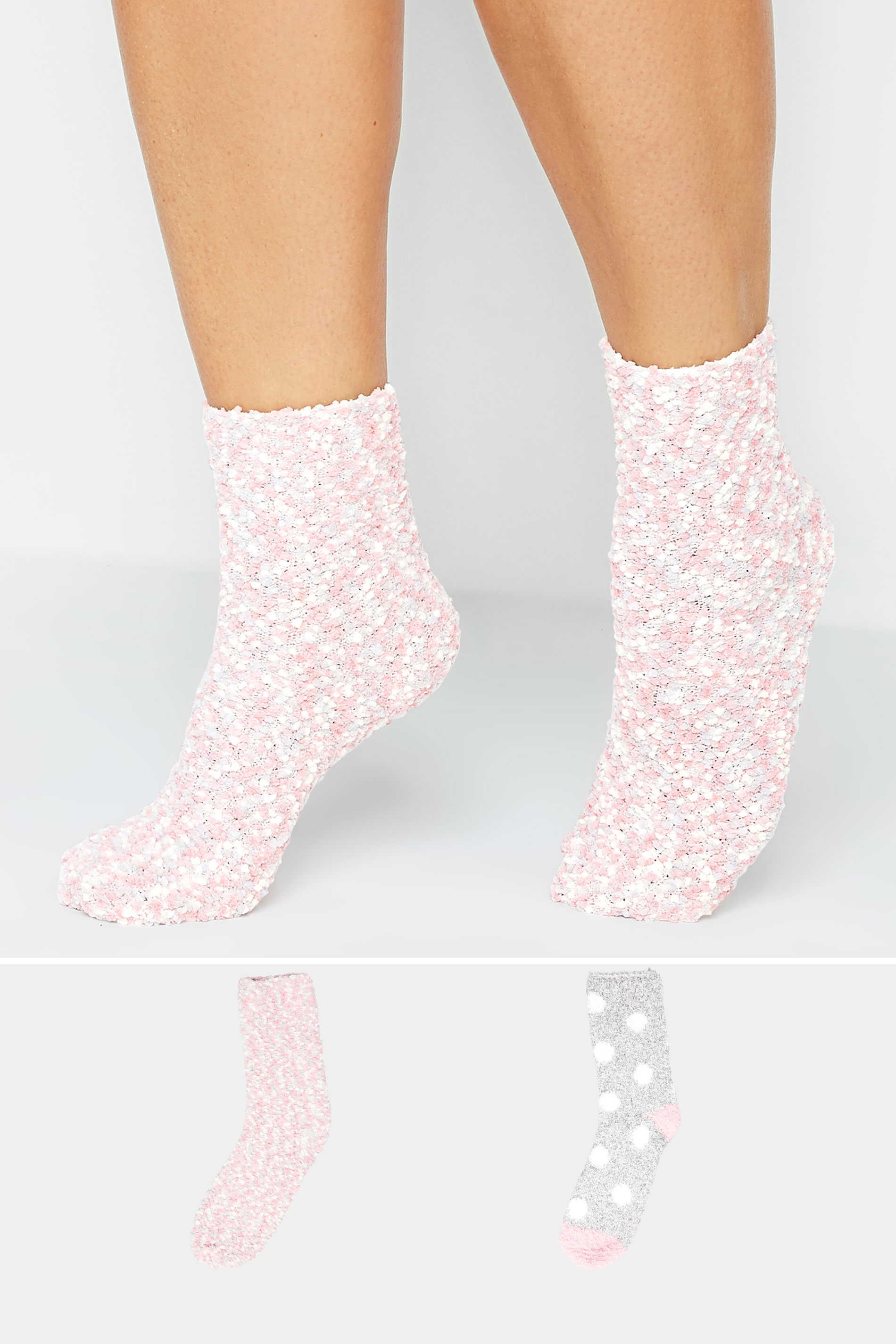 YOURS 2 PACK Pink & Grey Cosy Textured Ankle Socks | Yours Clothing 1