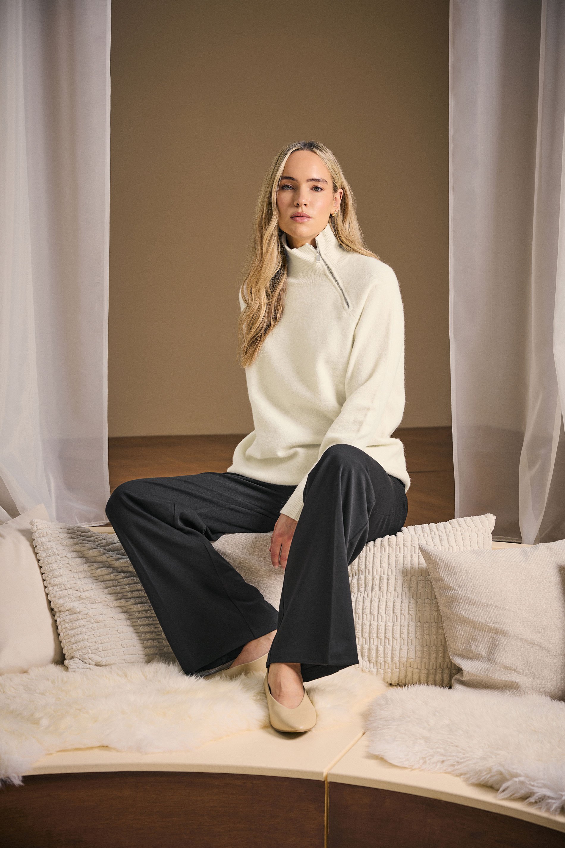 LTS PREMIUM Tall Ivory White Funnel Neck Zip Jumper | Long Tall Sally 1