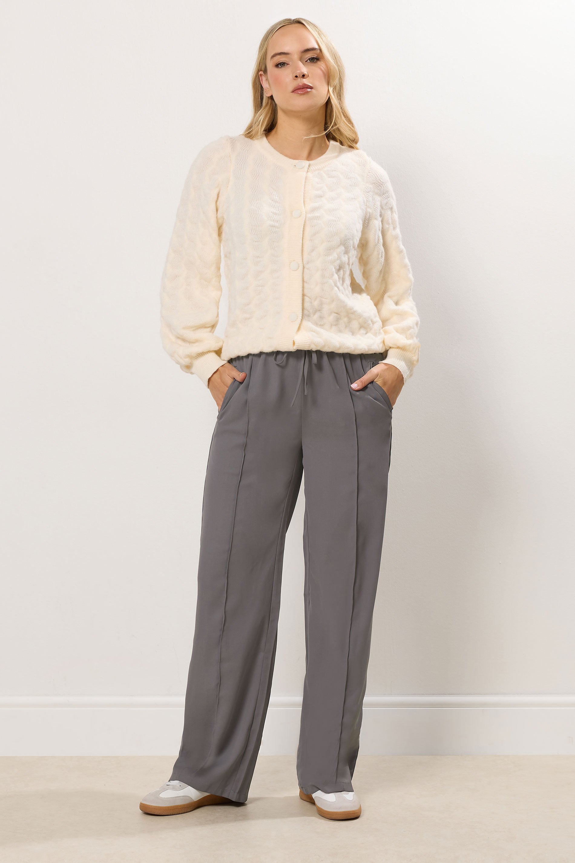 LTS Tall Grey Tie Waistband Wide Leg Trousers | Long Tall Sally 1