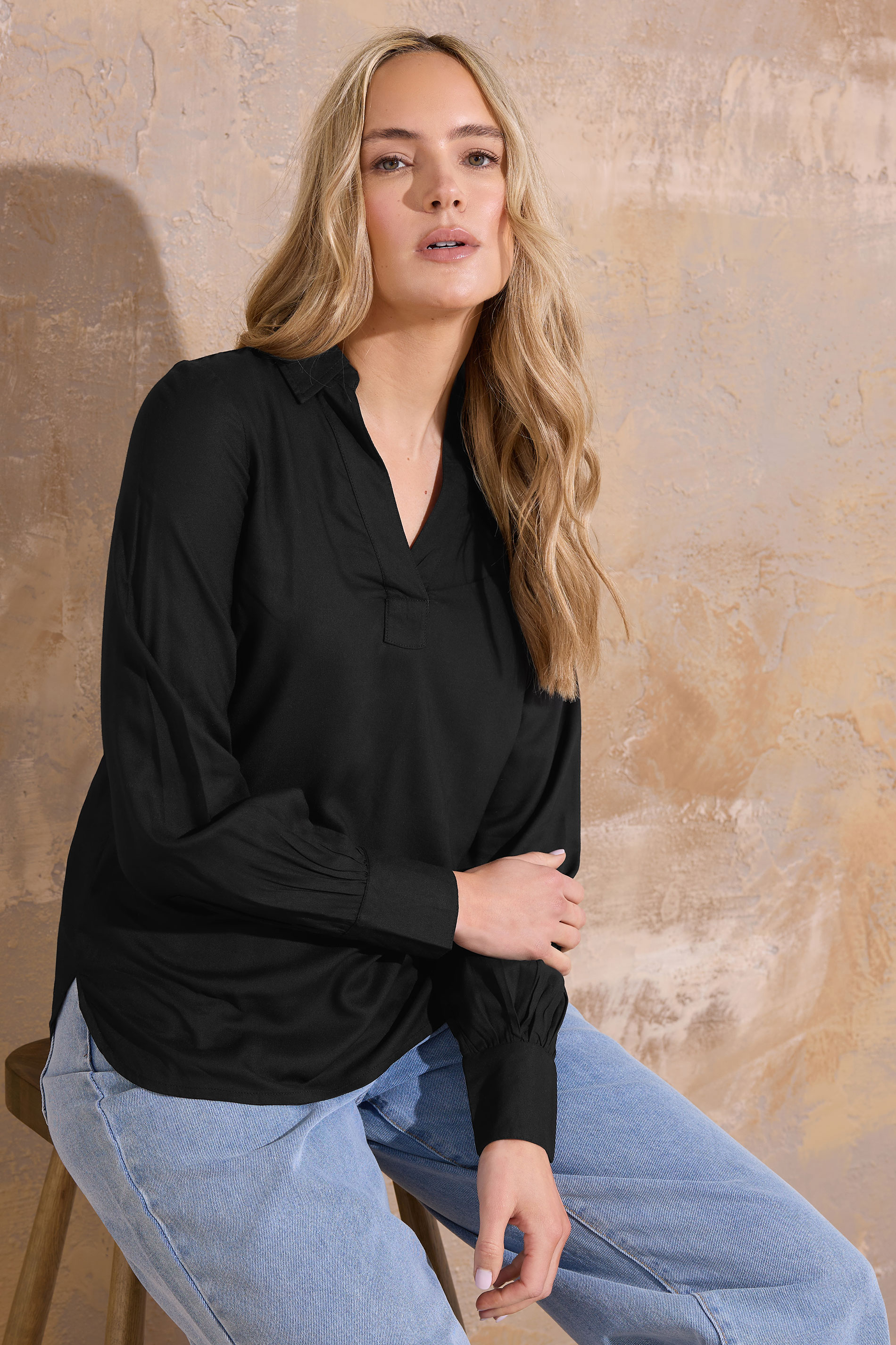 LTS Tall Black Open Collar Shirt | Long Tall Sally