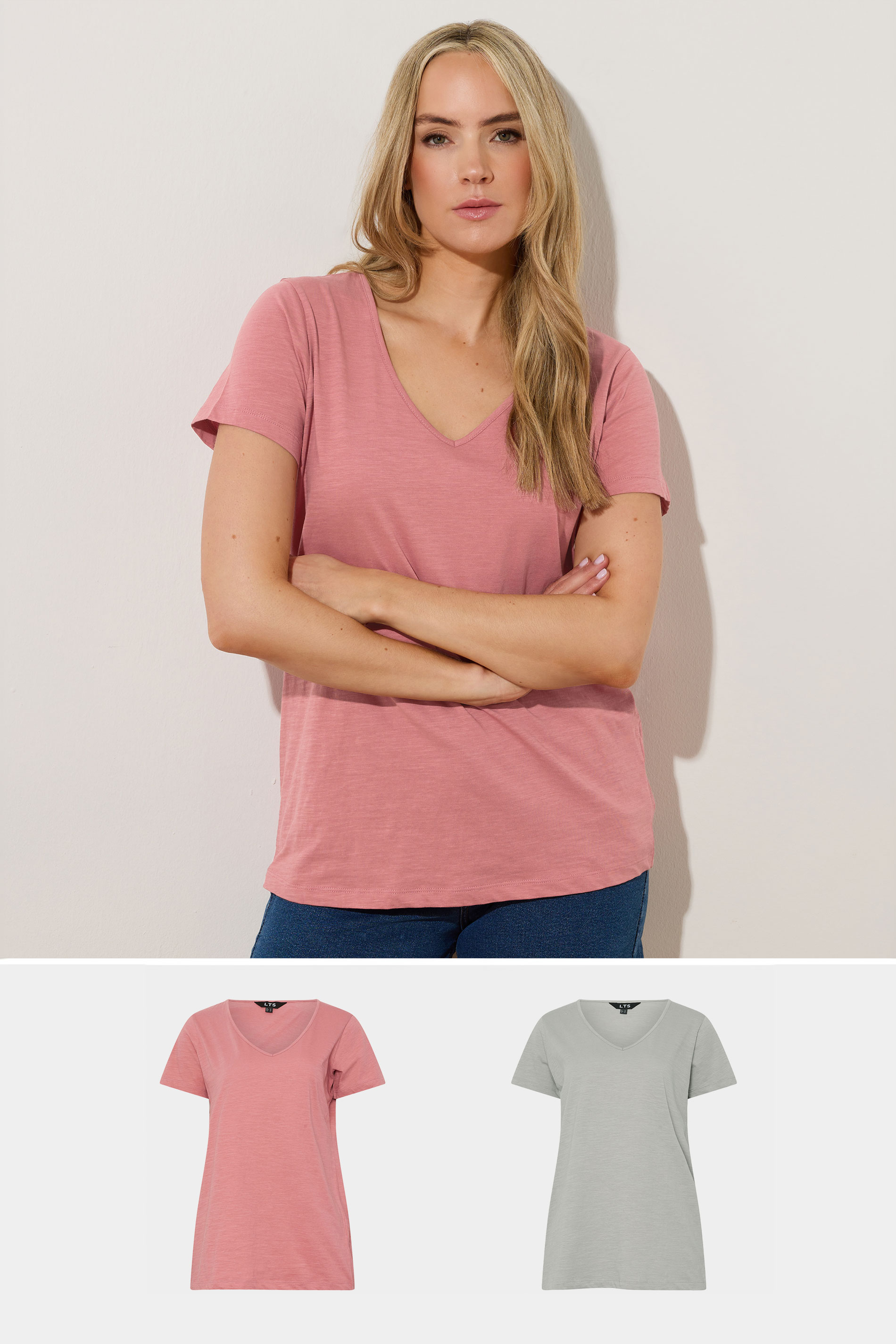 LTS Tall 2 Pack Pink & Grey V-Neck T-Shirts | Long Tall Sally  1