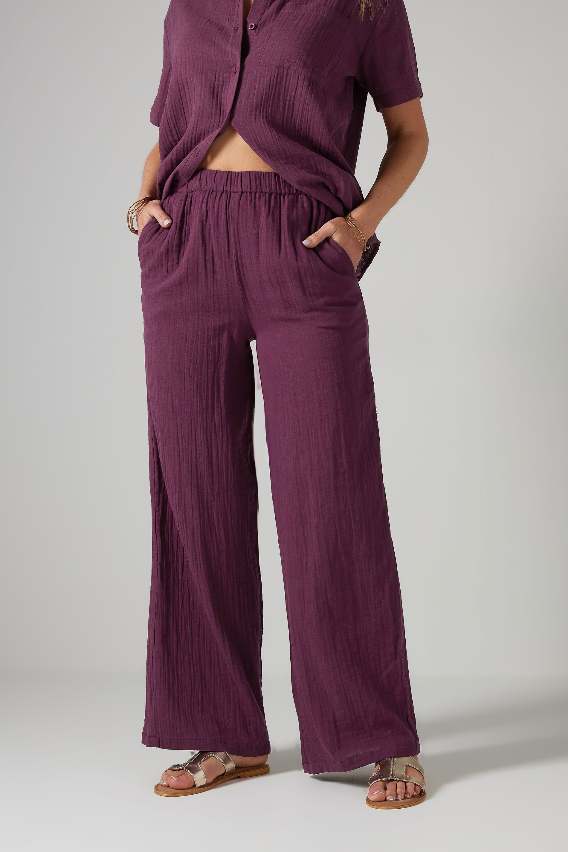 LTS Tall Dark Red Cotton Cheescloth Wide Leg Trousers | Long Tall Sally 2