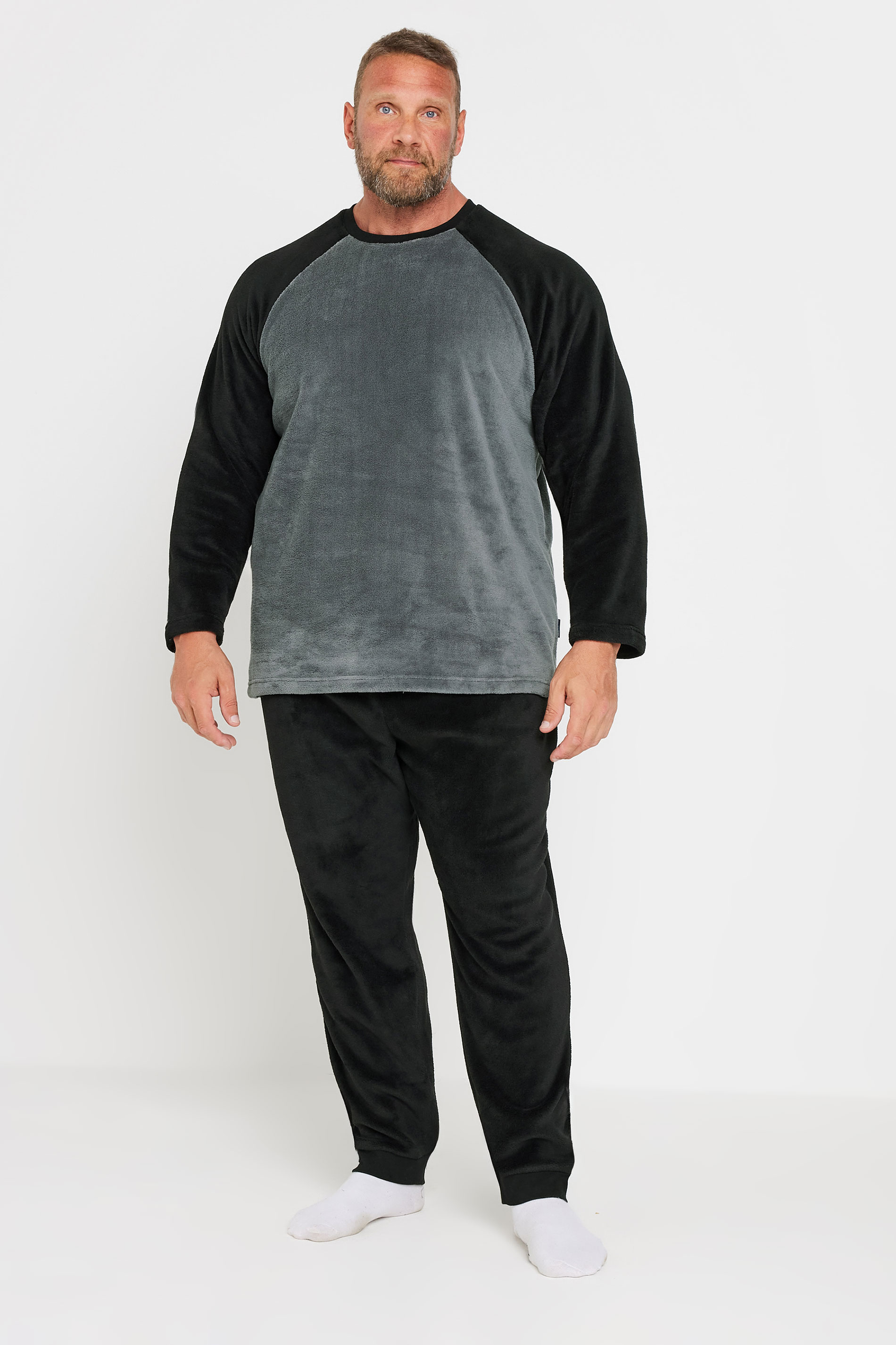 BadRhino Big & Tall Black & Grey Raglan Sleeve Fleece Pyjama Set | BadRhino 2