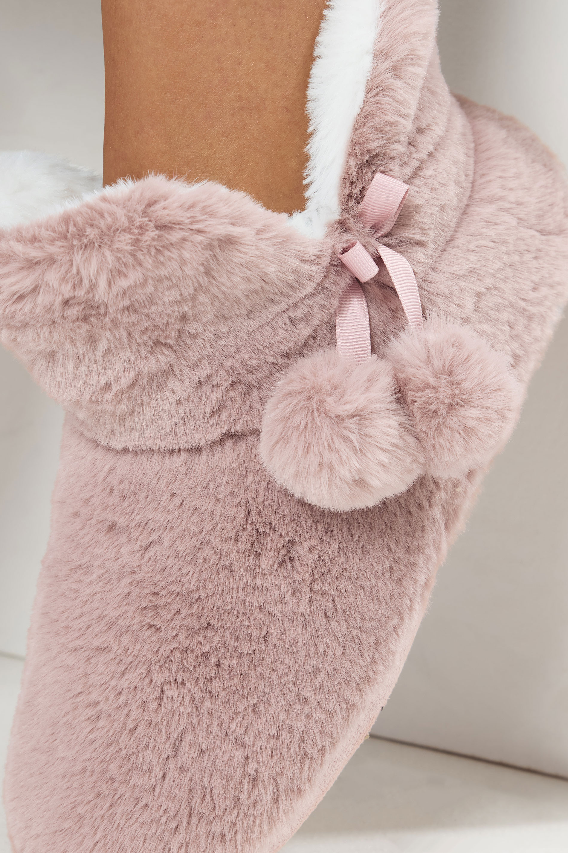 Pink Pom Pom Faux Fur Boot Slippers | Yours Clothing 2