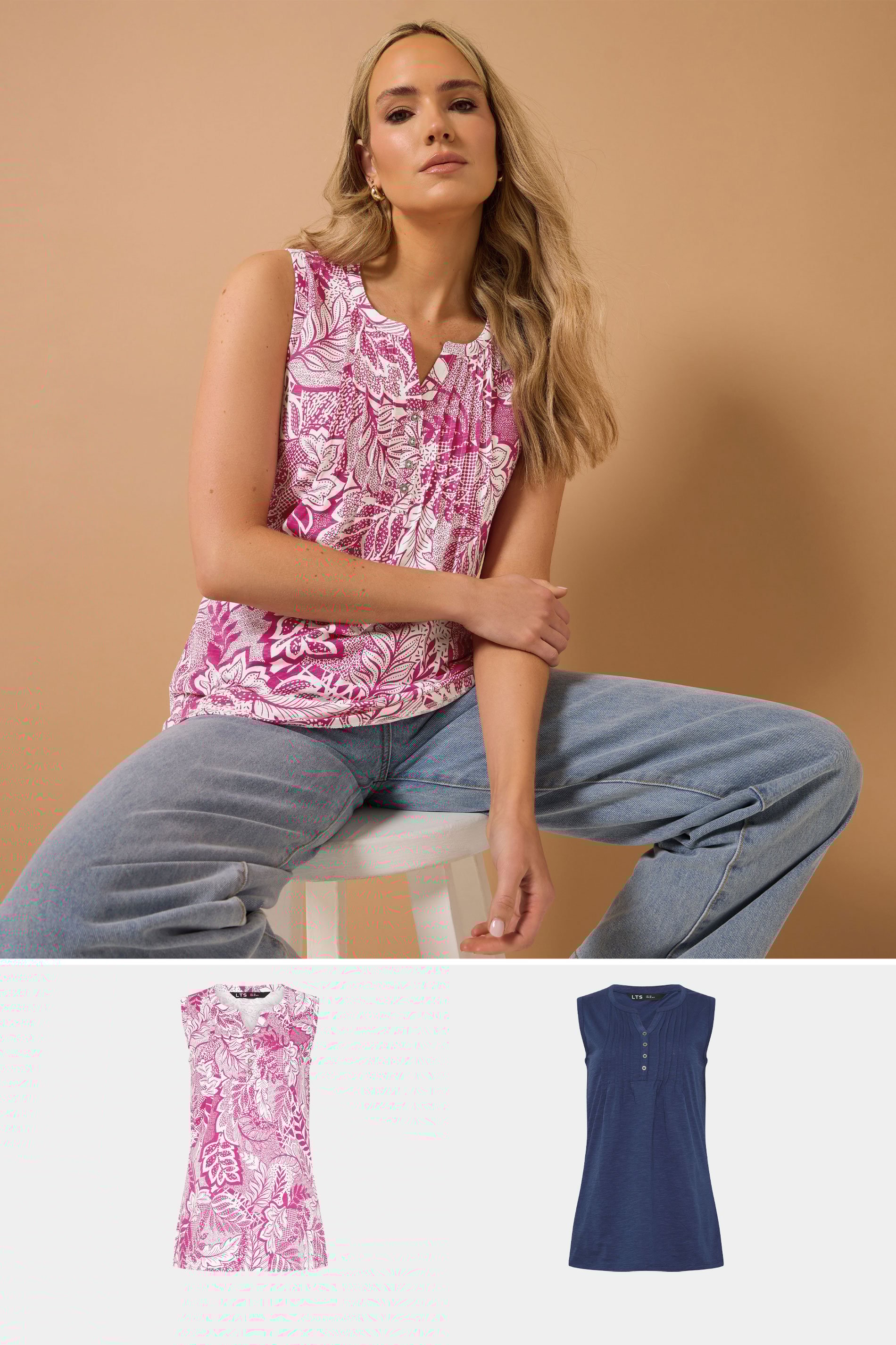 LTS Tall 2 PACK Navy Blue & Pink Floral Henley Vest Tops | Long Tall Sally 1