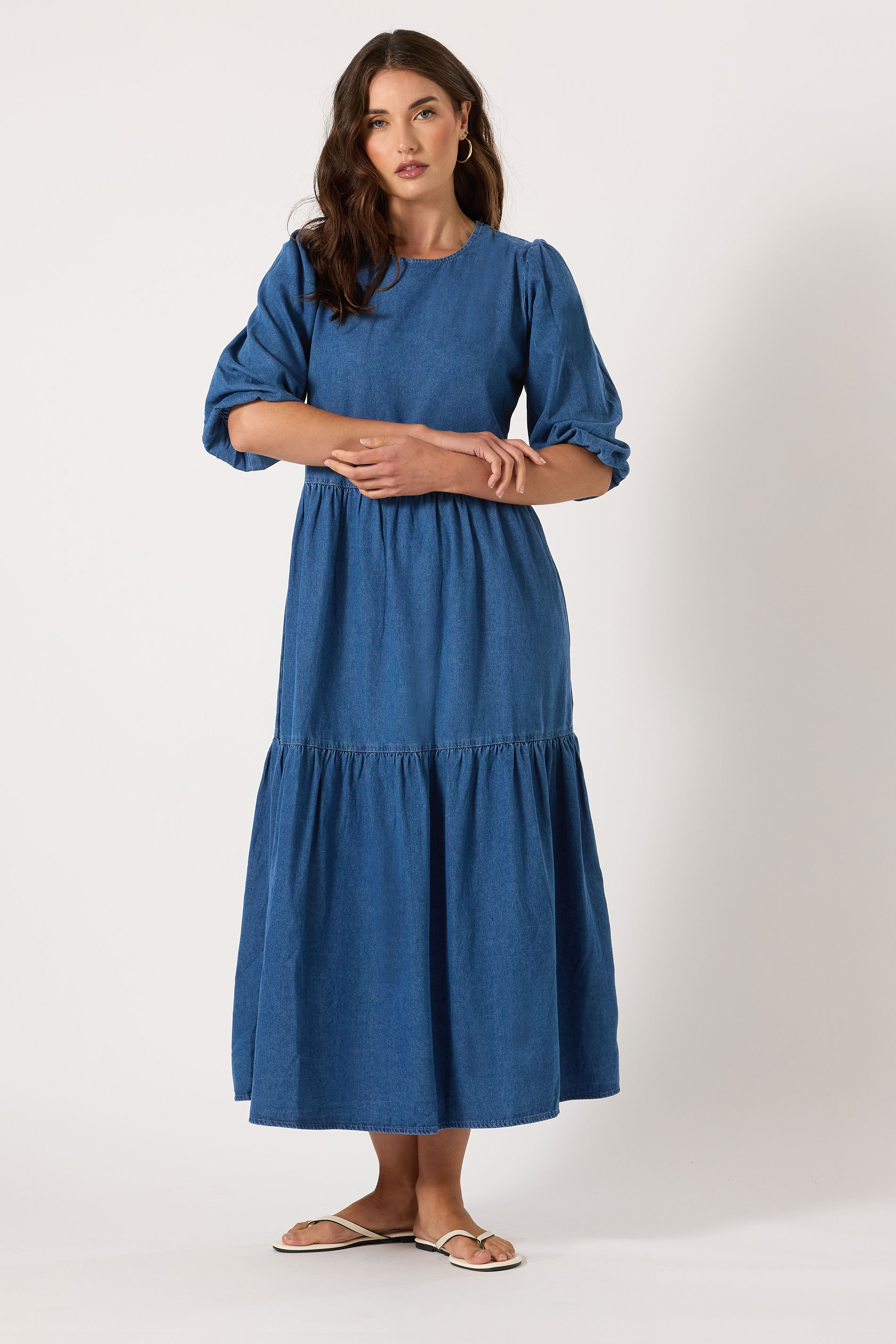 LTS Tall Women's Blue Denim Tiered Midaxi Dress | Long Tall Sally 1