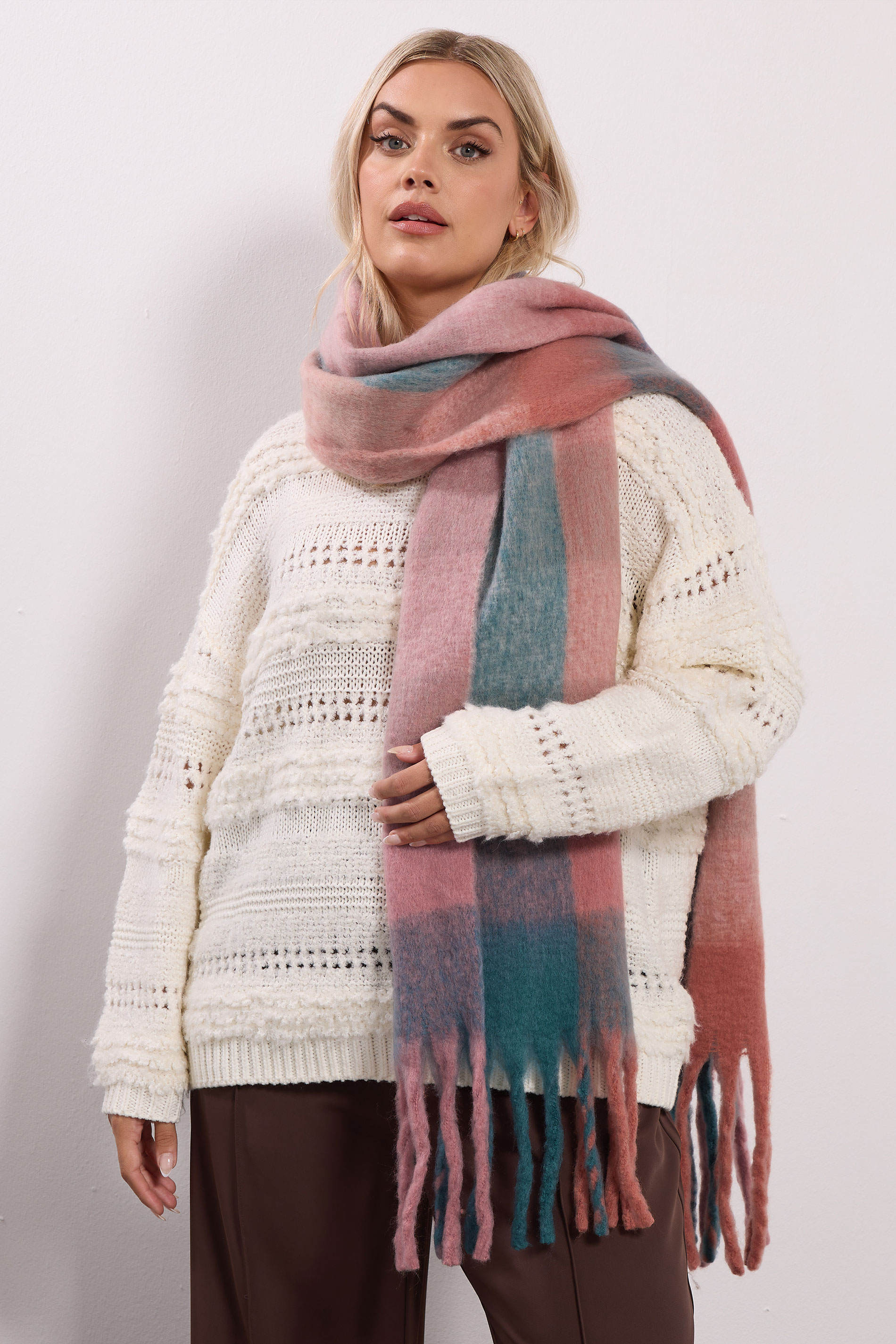 Pink Checked Soft Touch Scarf | Yours Clothing 1