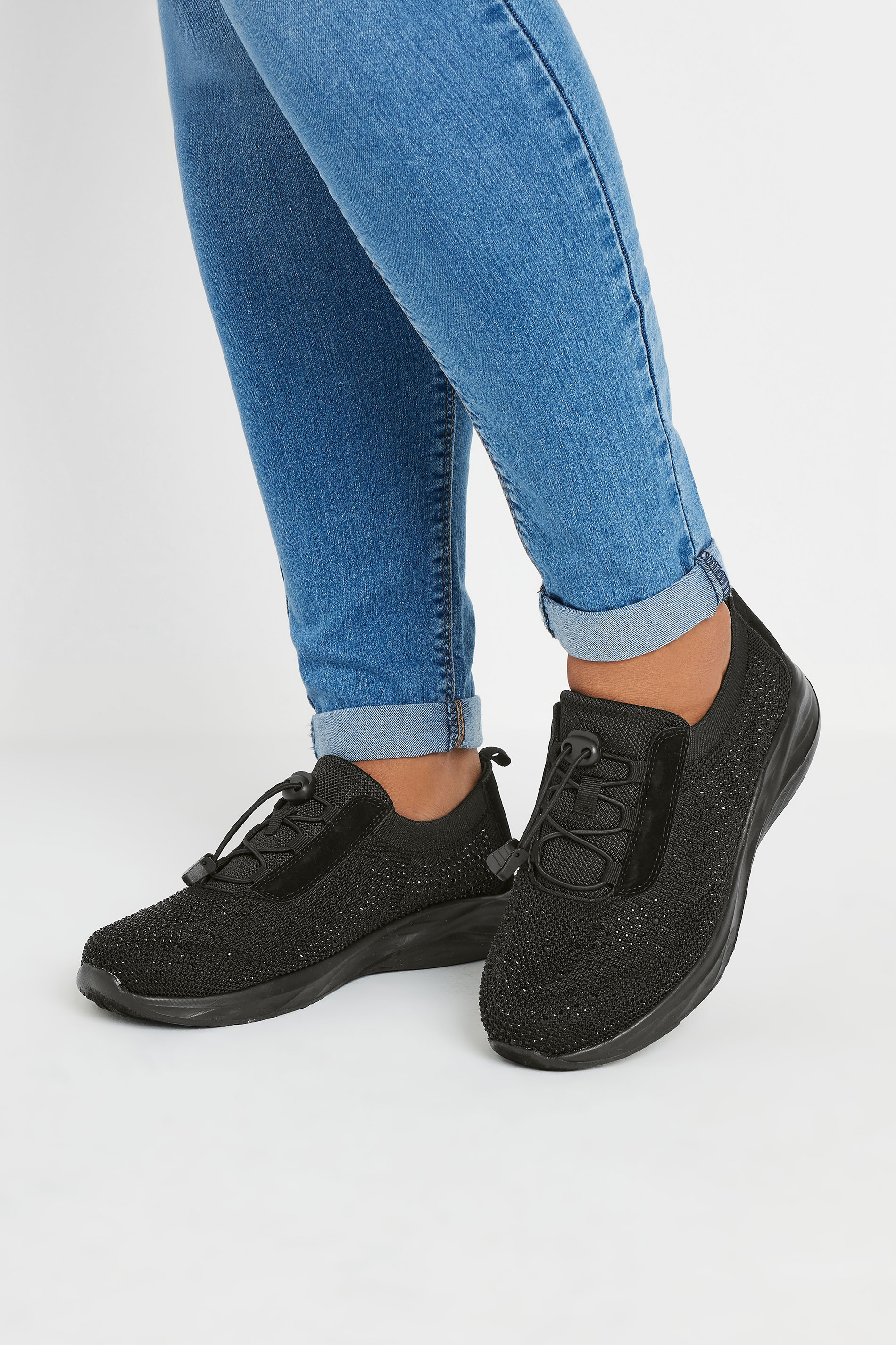 Black Diamante Embellished Drawcord Trainers In Extra Wide EEE Fit | Yours Clothing 1