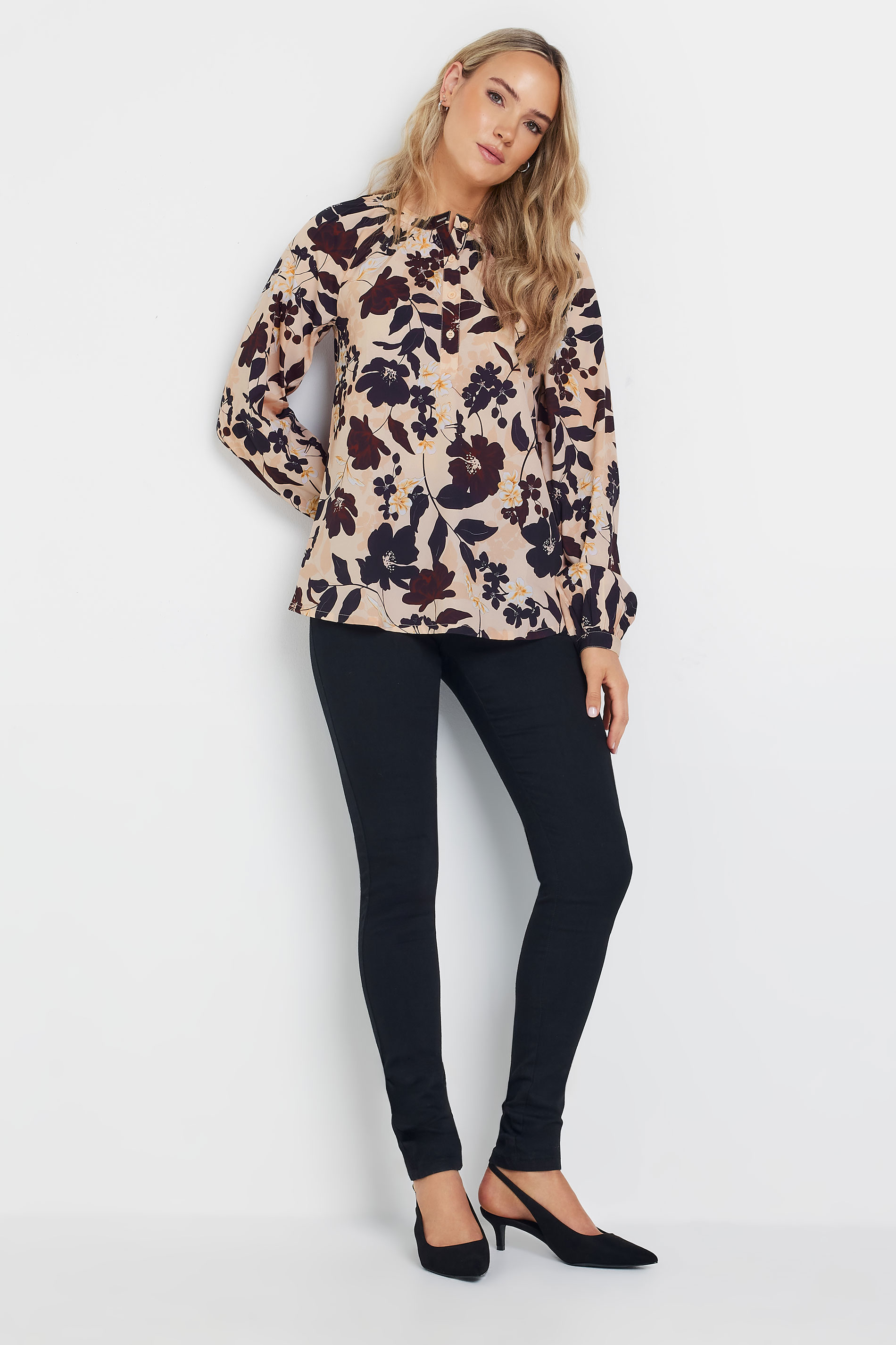 LTS Tall Coral Pink Floral Print High Neck Blouse | Long Tall Sally 1