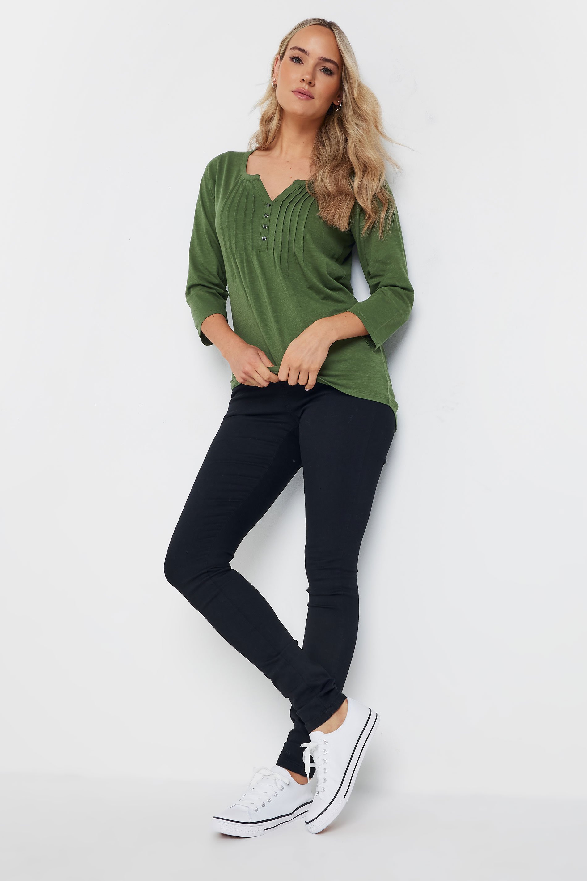 LTS Tall Khaki Green Cotton Henley Top | Long Tall Sally 2