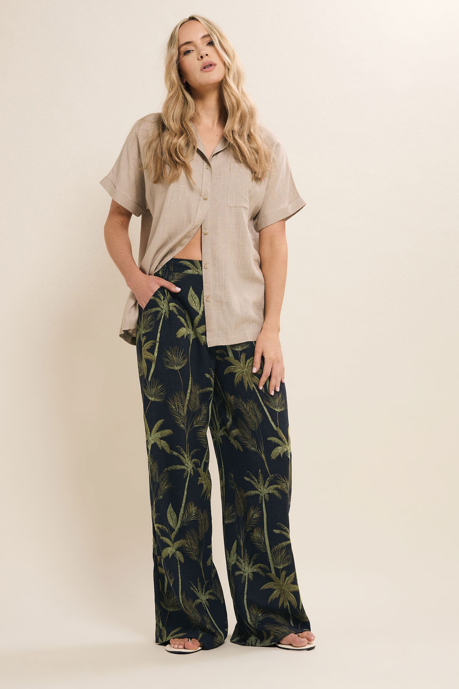 LTS Tall Black Tropical Palm Wide Leg Trousers | Long Tall Sally 4