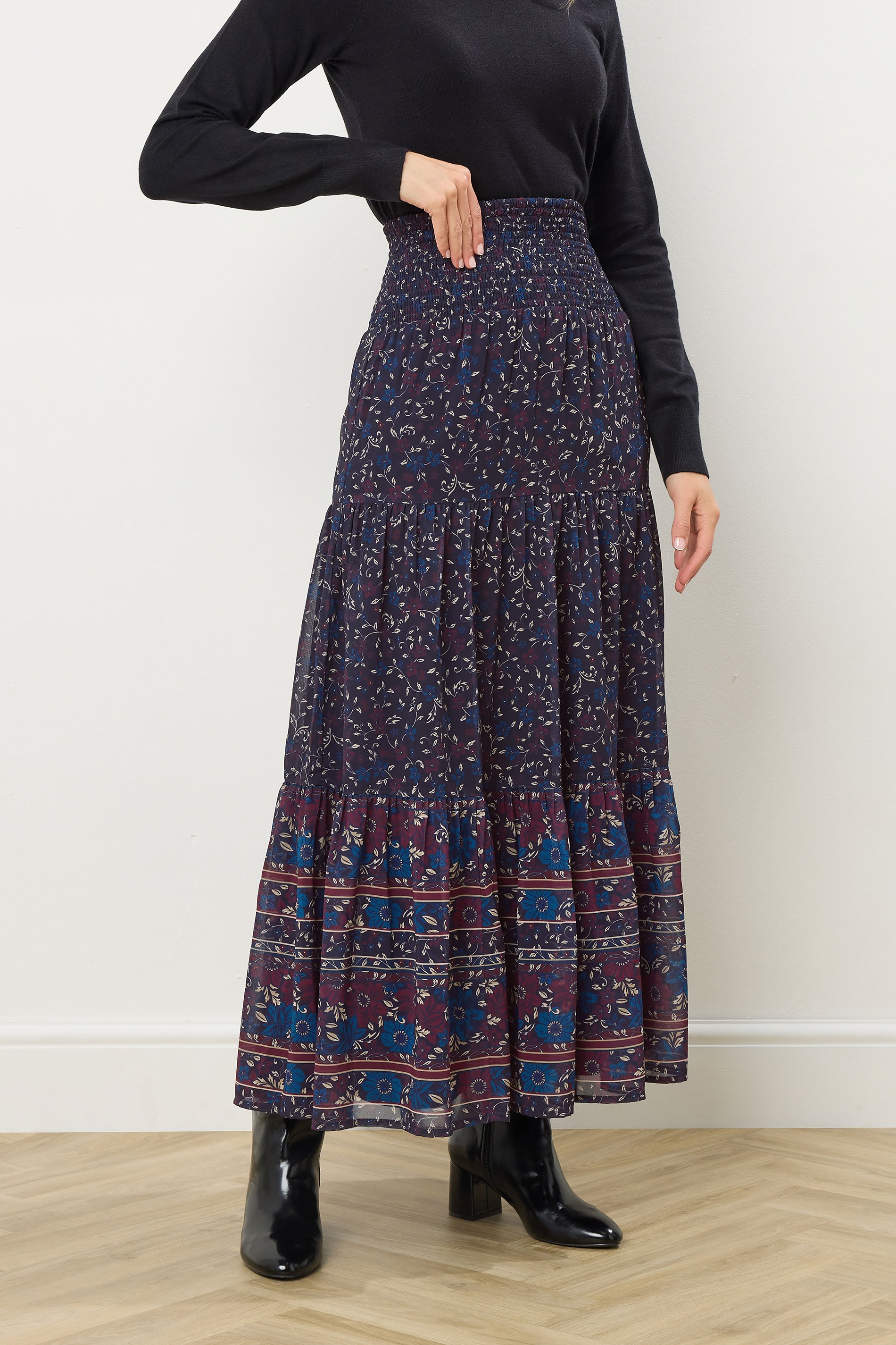 LTS Tall Navy Blue Floral Border Tiered Maxi Skirt | Long Tall Sally 2