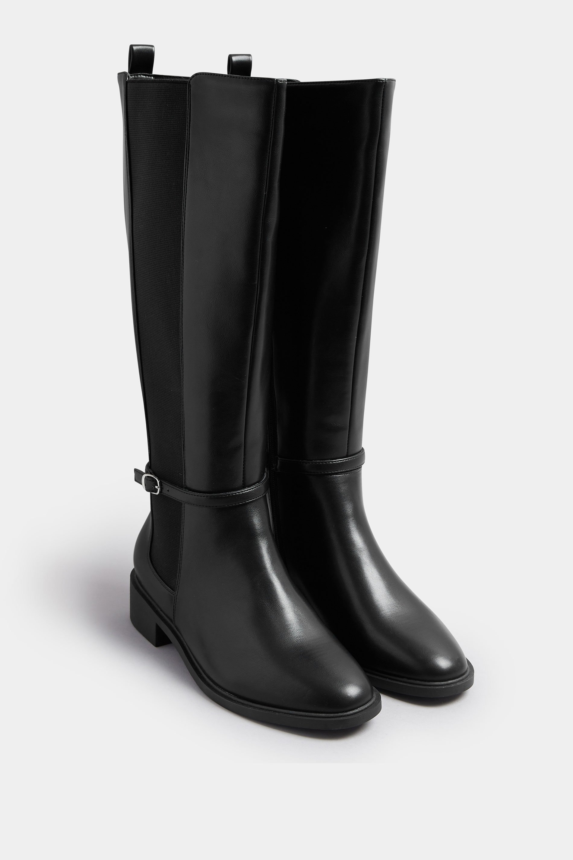 Black Faux Leather Buckle Knee High Riding Boots In Extra Wide EEE Fit | Yours Clothing 2