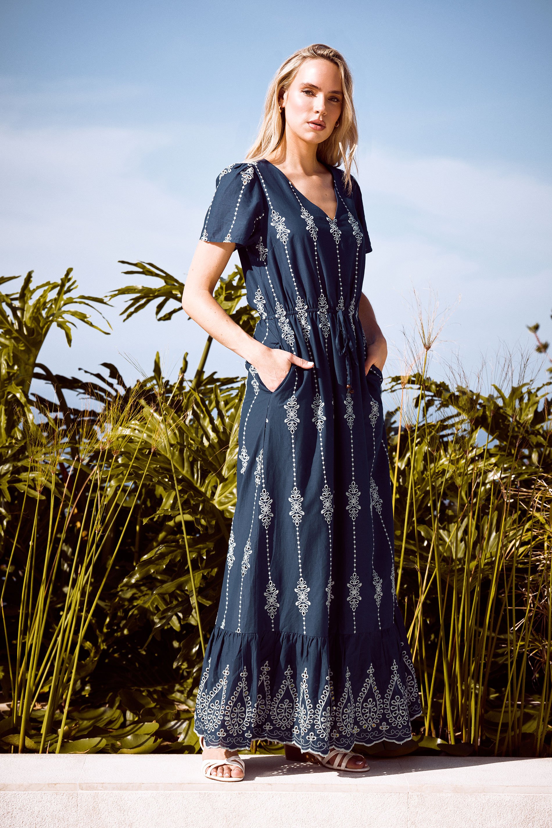 LTS Tall Women's Navy Blue Floral Embroidered Maxi Dress | Long Tall Sally 1