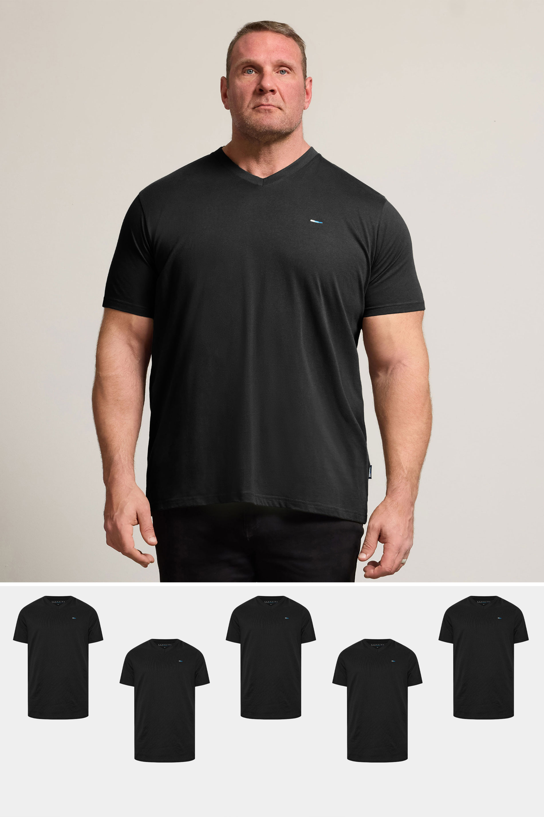 BadRhino Big & Tall Black 5 Pack Extra Long V-Neck T-Shirts | BadRhino 1
