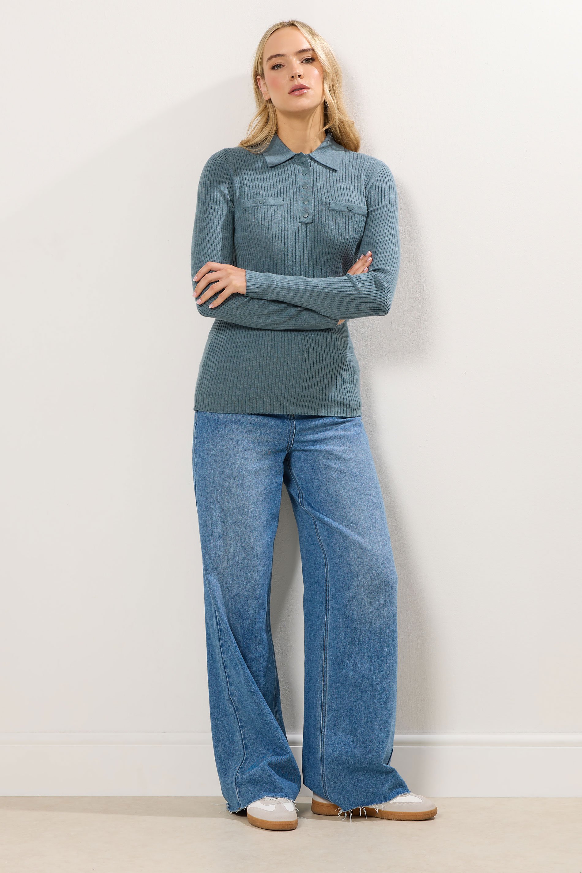 LTS Tall Blue Marl Knitted Polo Top | Long Tall Sally 3