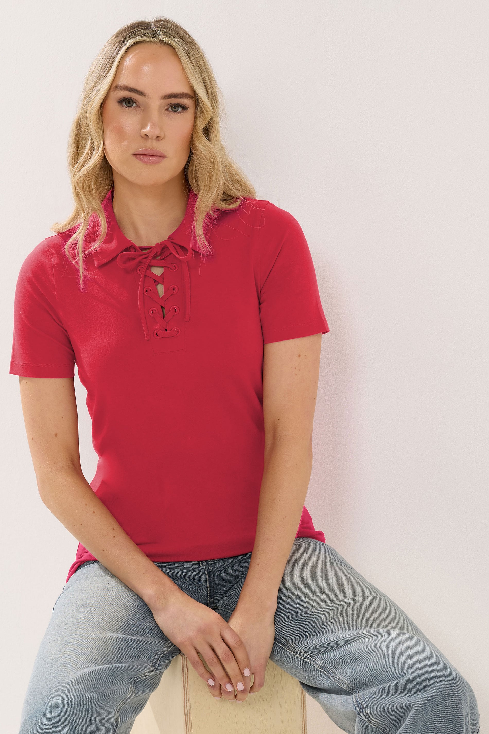 LTS Tall Women's Red Lace Up Collared T-Shirt | Long Tall Sally 3