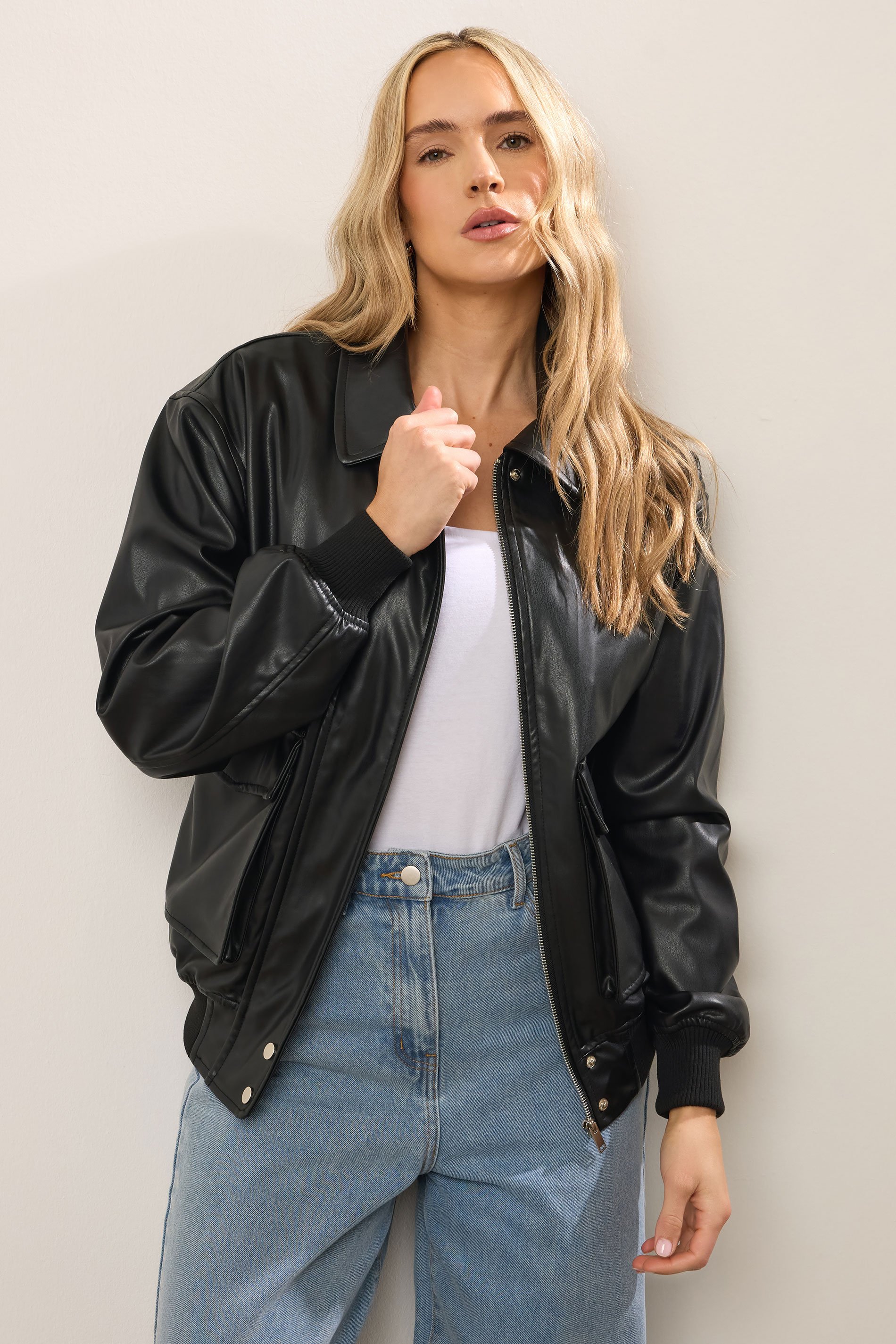 LTS Tall Black Faux Leather Pocket Trucker Jacket | Long Tall Sally 2