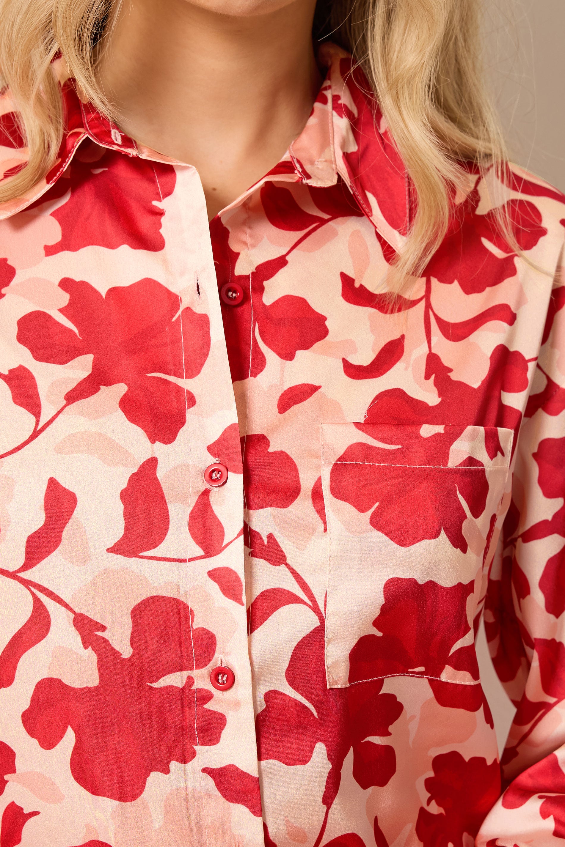 LTS Tall Women's Set Pink Floral Satin Button Shirt & Wide Leg Trousers | Long Tall Sally 4
