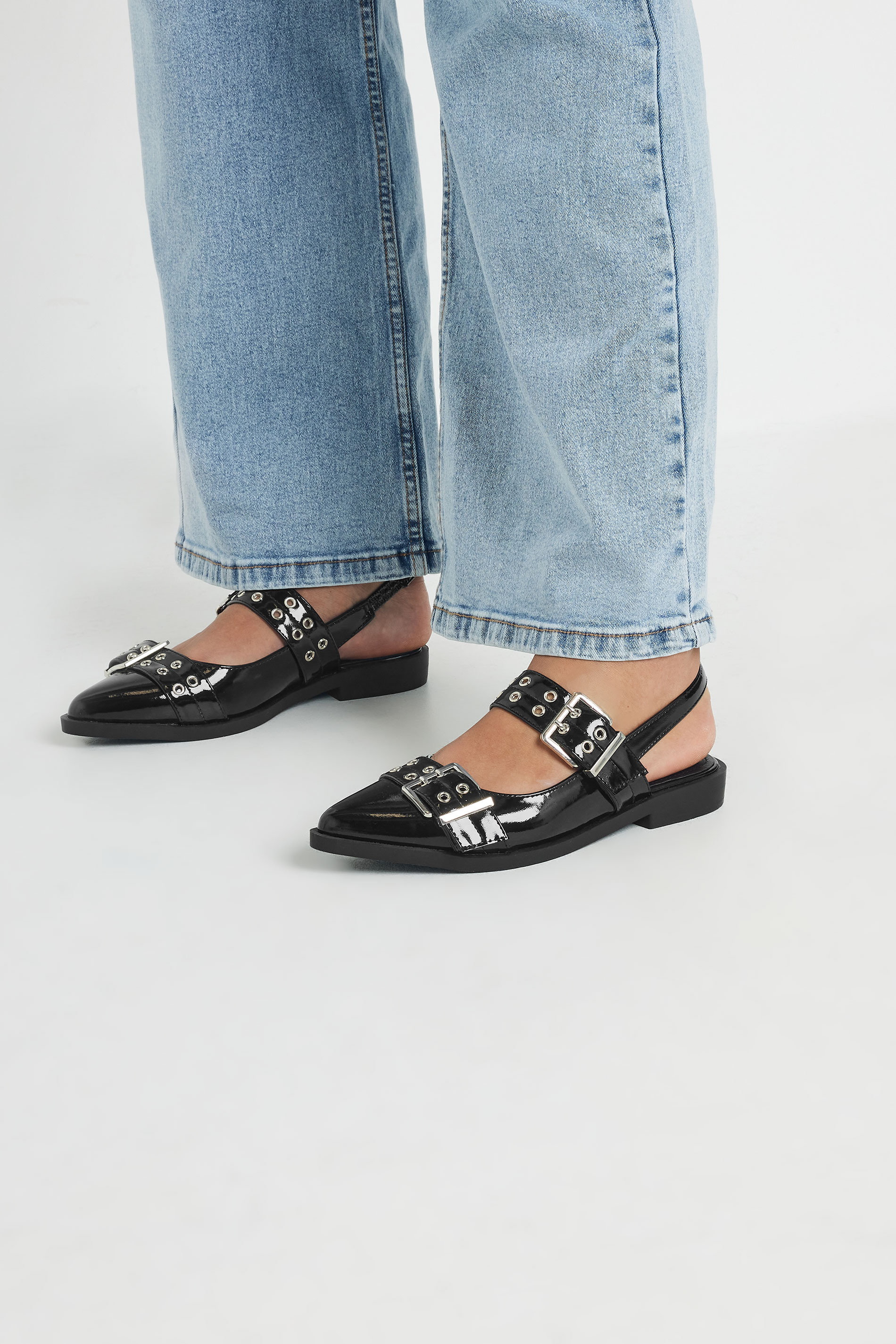 Black Buckle Detail Pointed Slingback Flats In Wide E Fit | Yours Clothing 2