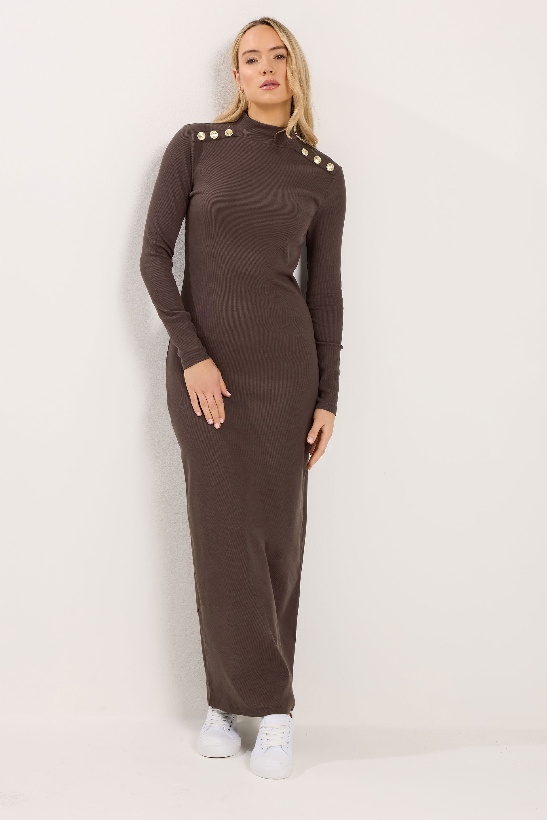 LTS Tall Women's Brown Ribbed Shoulder Button Maxi Dress | Long Tall Sally 2