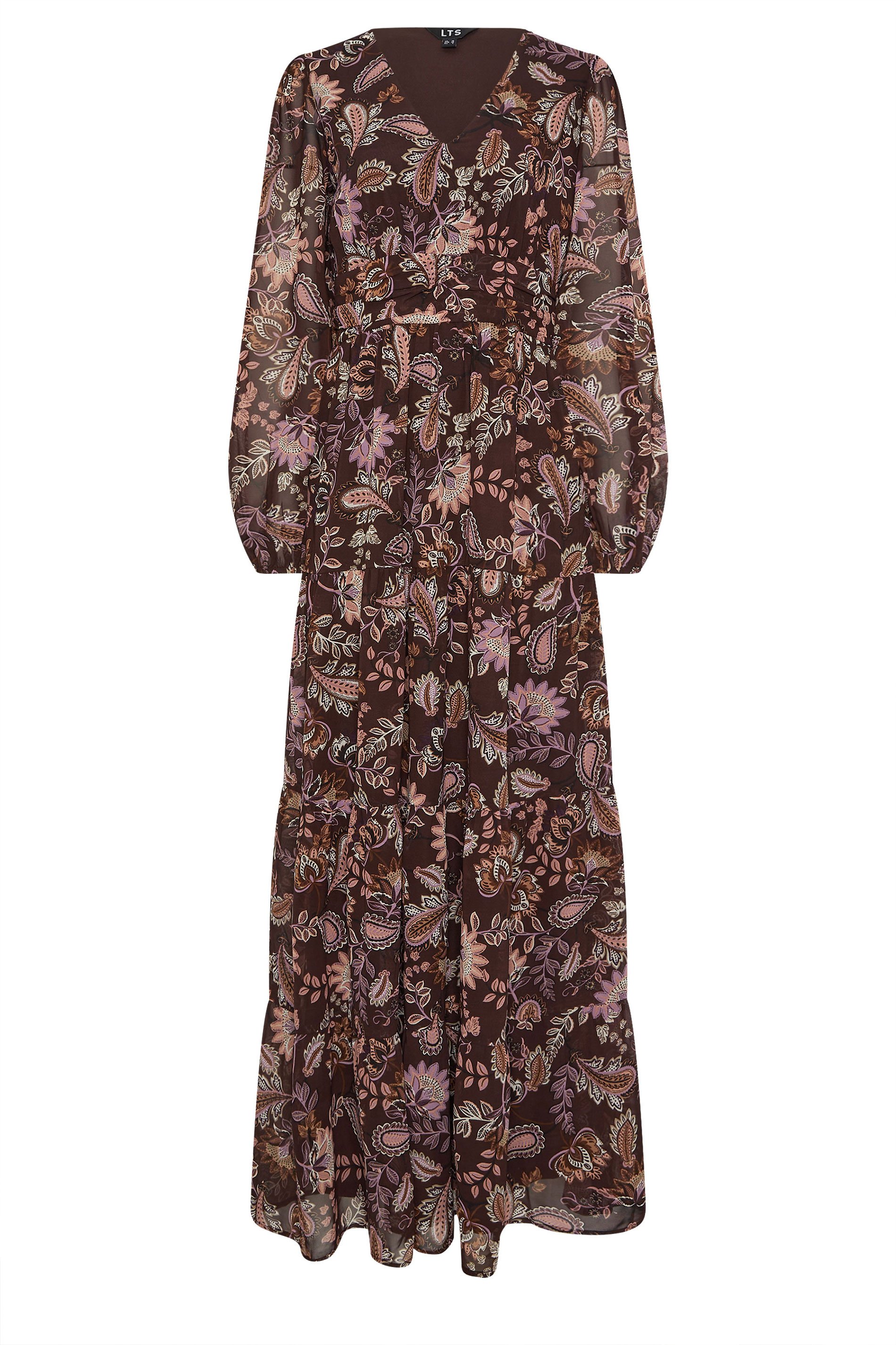 LTS Tall Chocolate Brown Paisley Chiffon Tiered Dress | Long Tall Sally 6