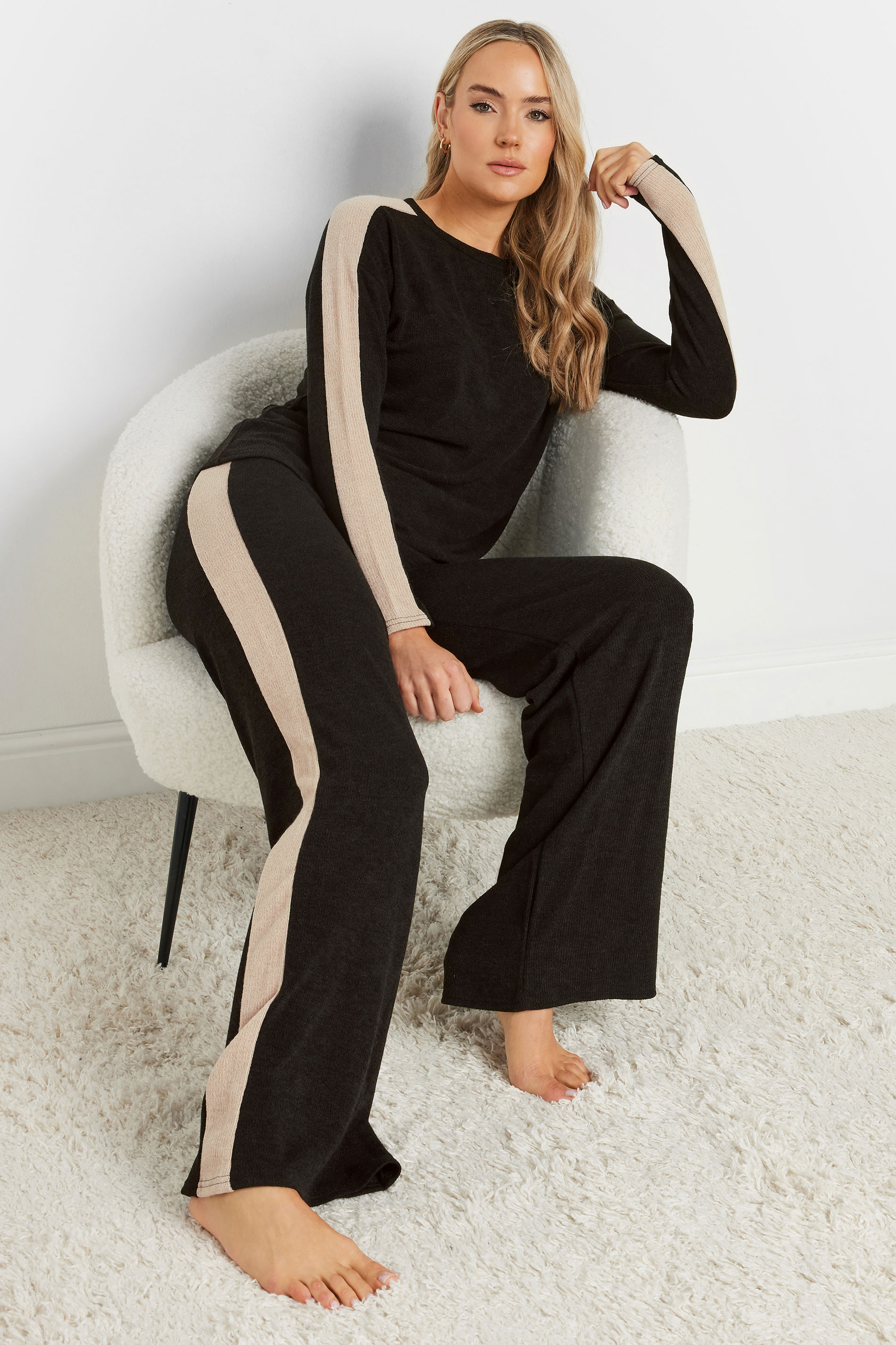 LTS Tall Black Soft Touch Side Stripe Wide Leg Trousers | Long Tall Sally 1