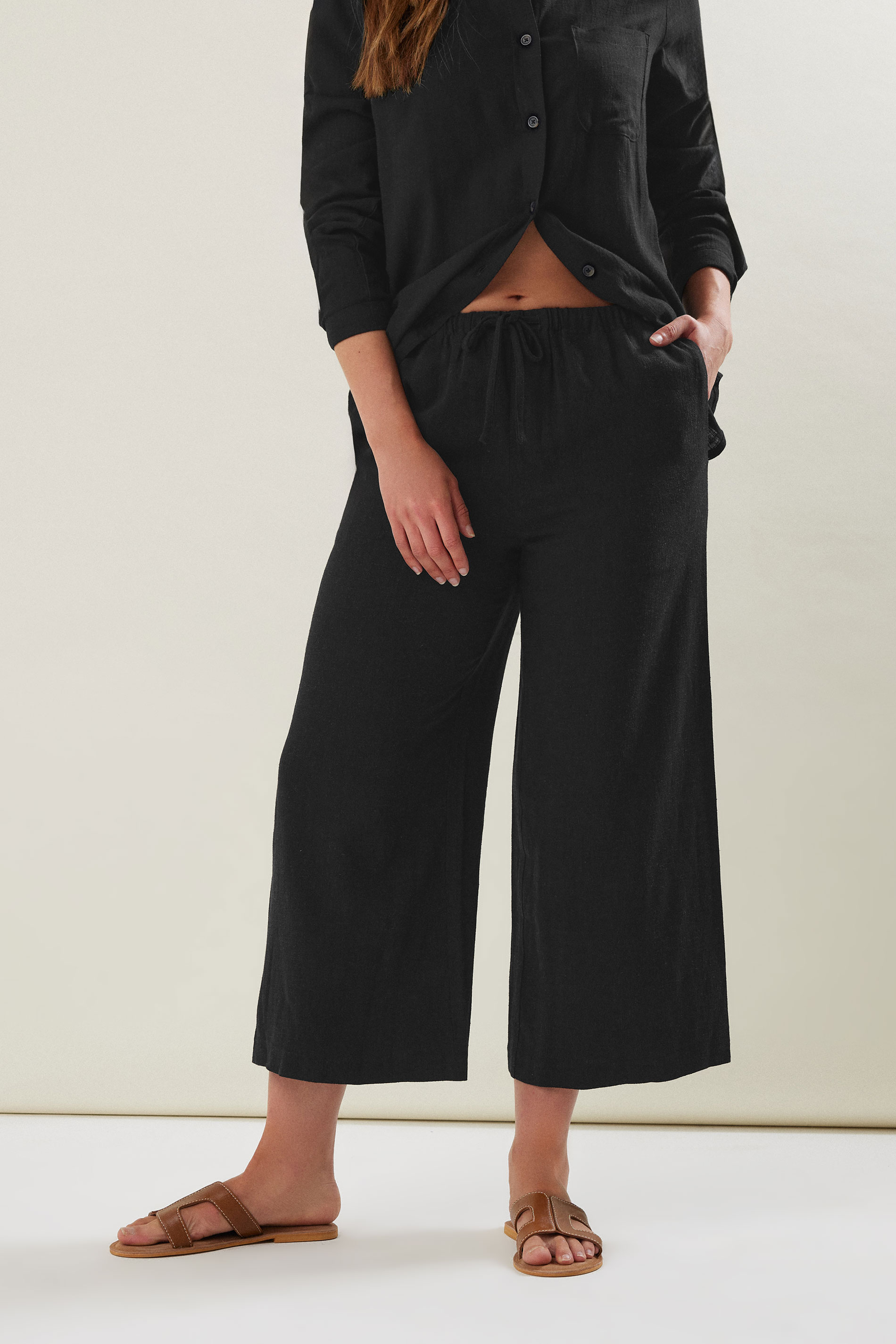 LTS Tall Black Wide Leg Cropped Linen Trousers 3