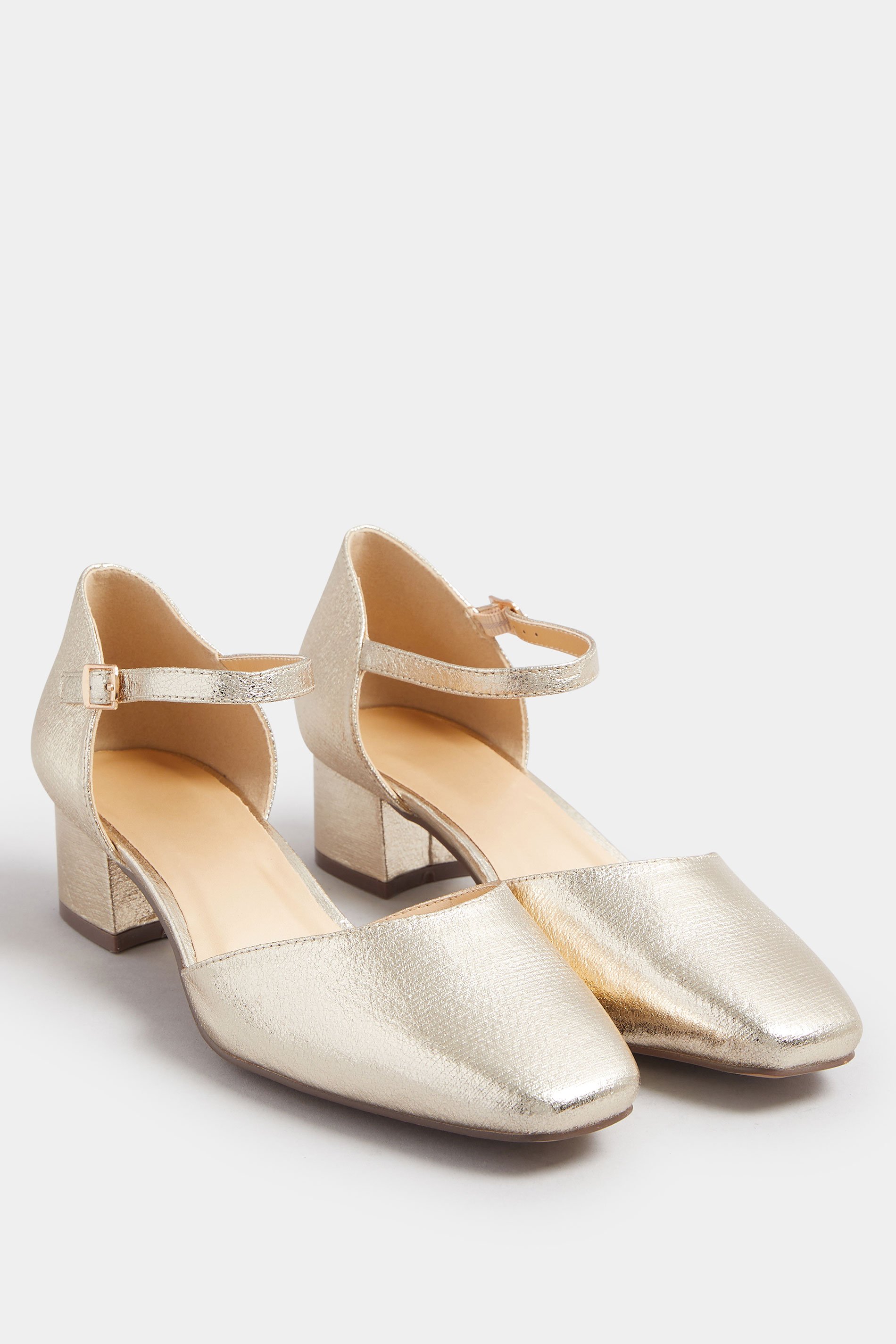 Gold Faux Leather Block Heel Court Shoes In Extra Wide EEE Fit | Yours Clothing 3