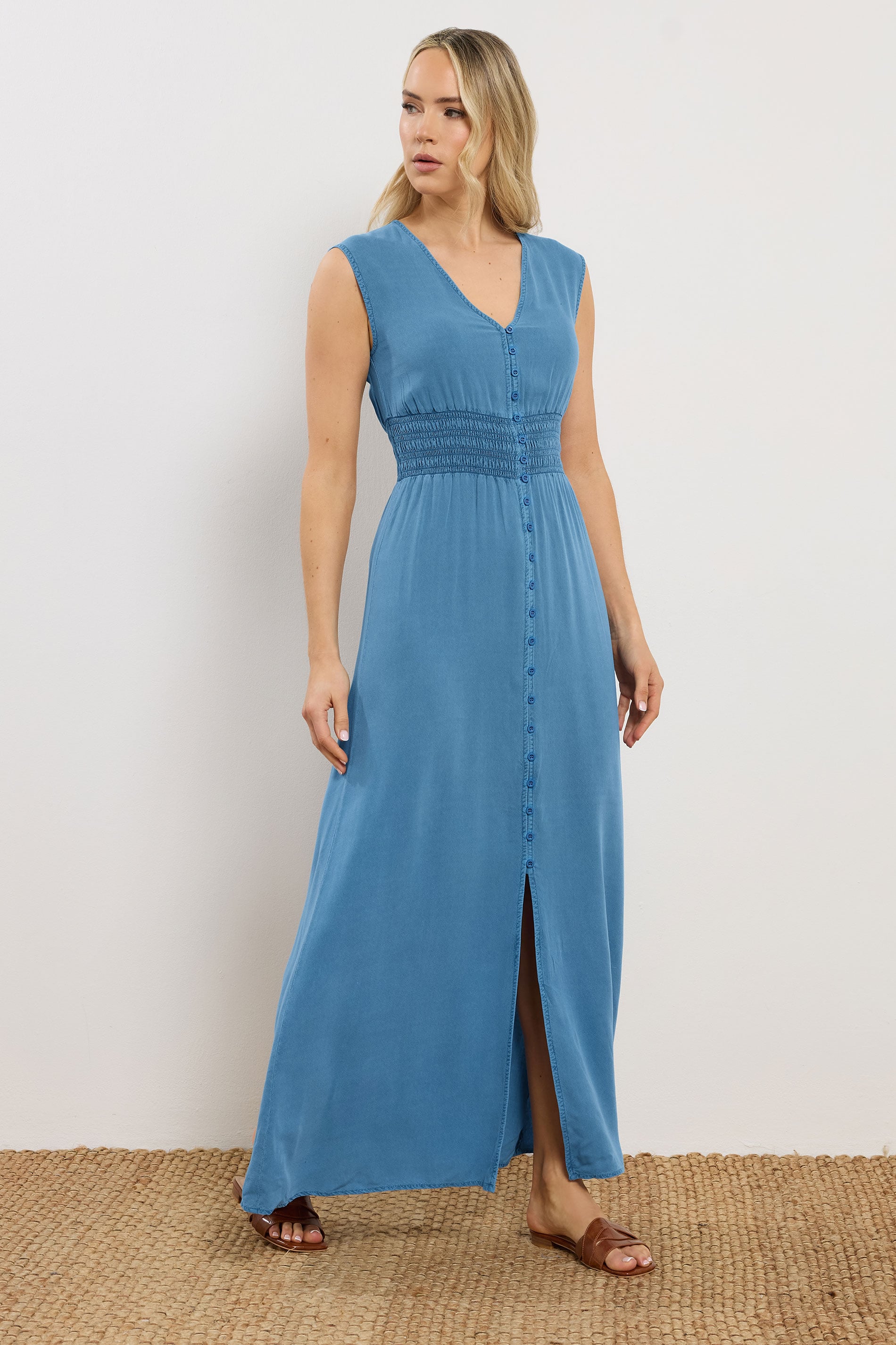 LTS Tall Women's Mid Blue Shirred Waist Maxi Dress | Long Tall Sally 2