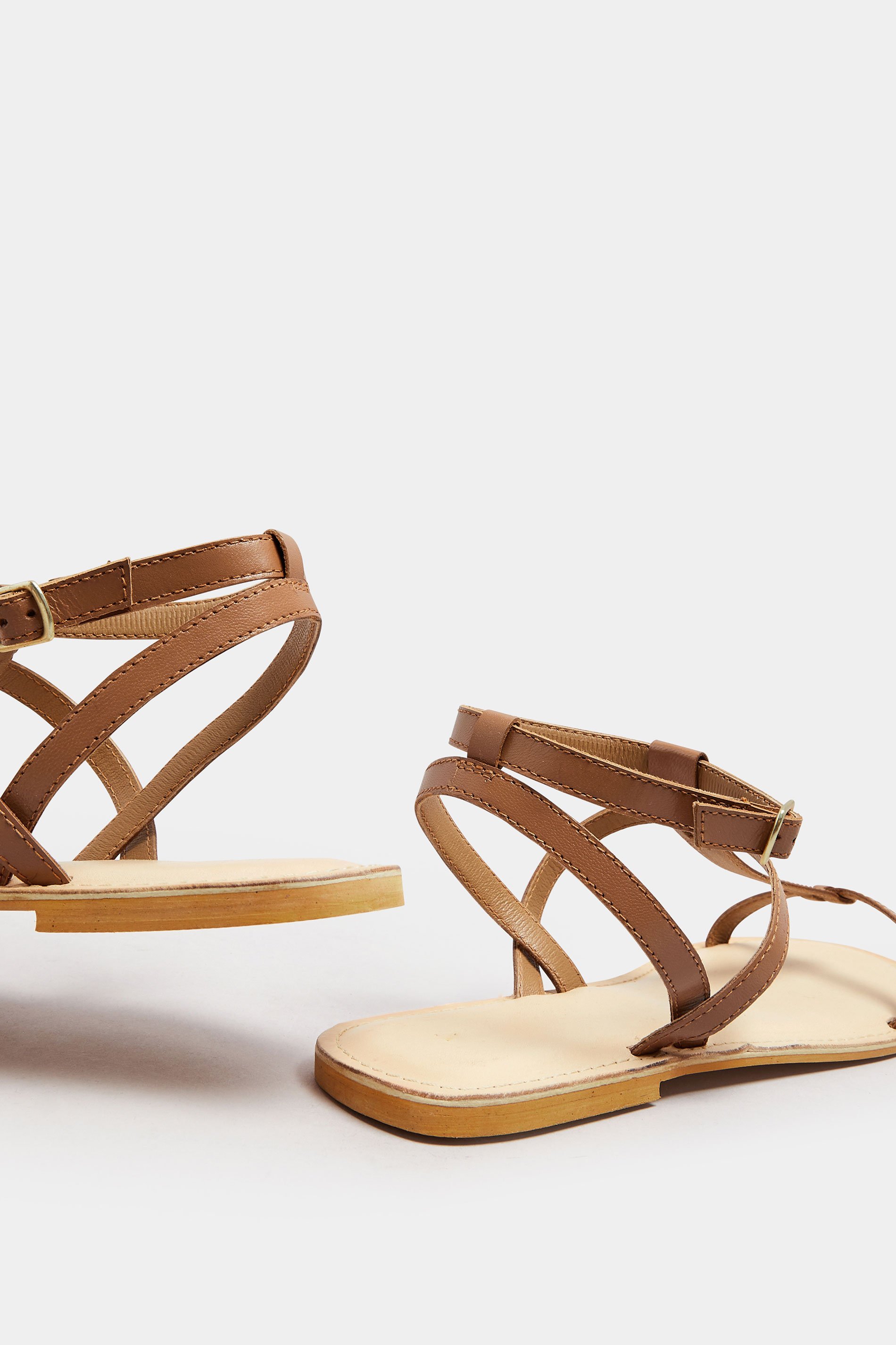 LTS Tan Brown Leather Cross Strap Flat Sandals In Standard Fit | Long Tall Sally 6