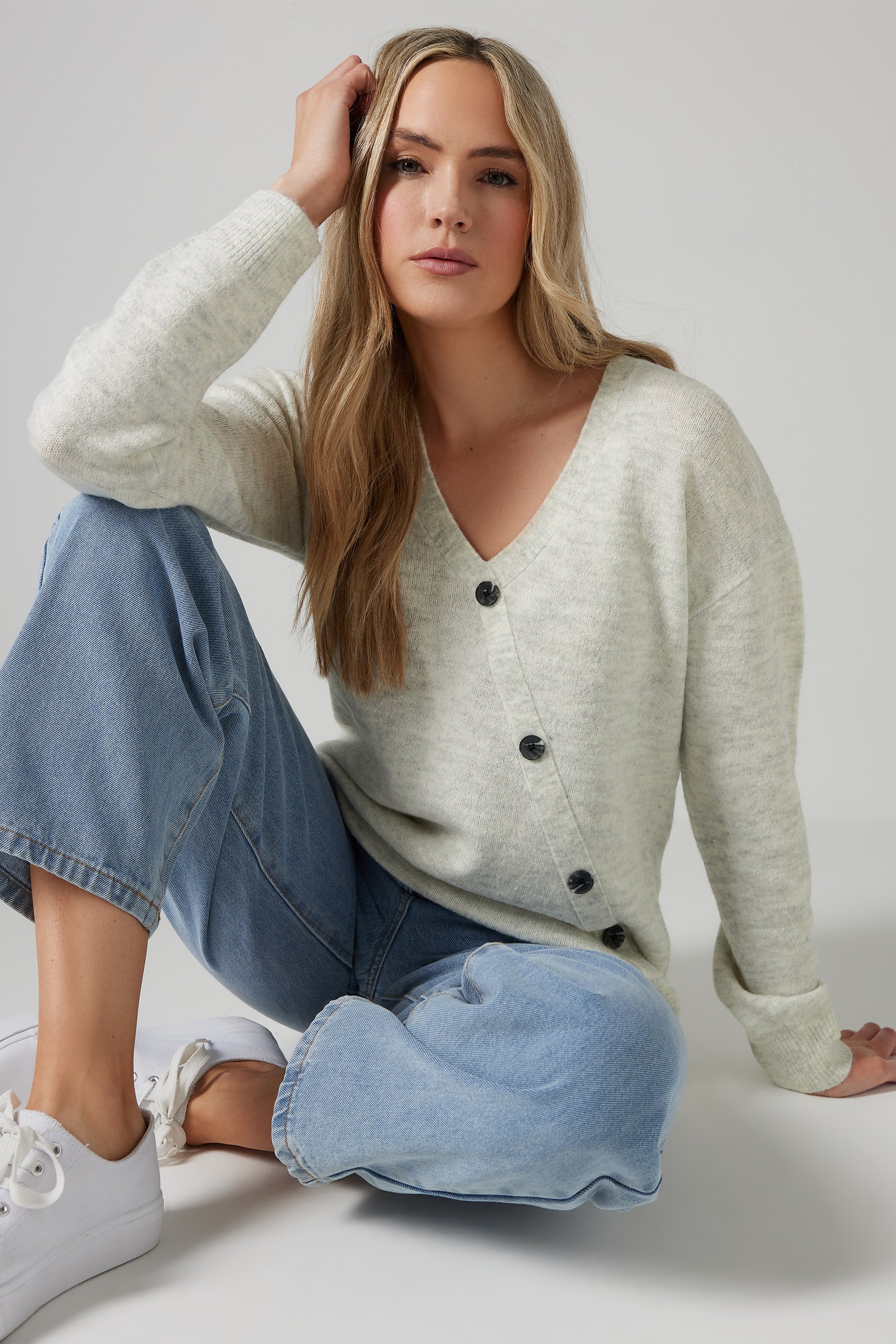 LTS Tall Grey Marl Knit Wrap Button Jumper | Long Tall Sally 1