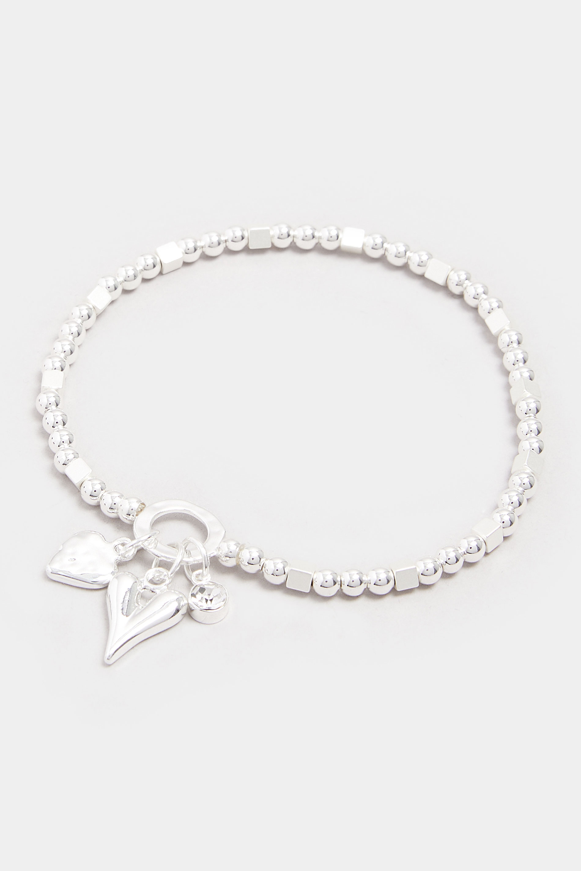 Silver Tone Beaded Heart Charm Stretch Bracelet | Yours Clothing 2