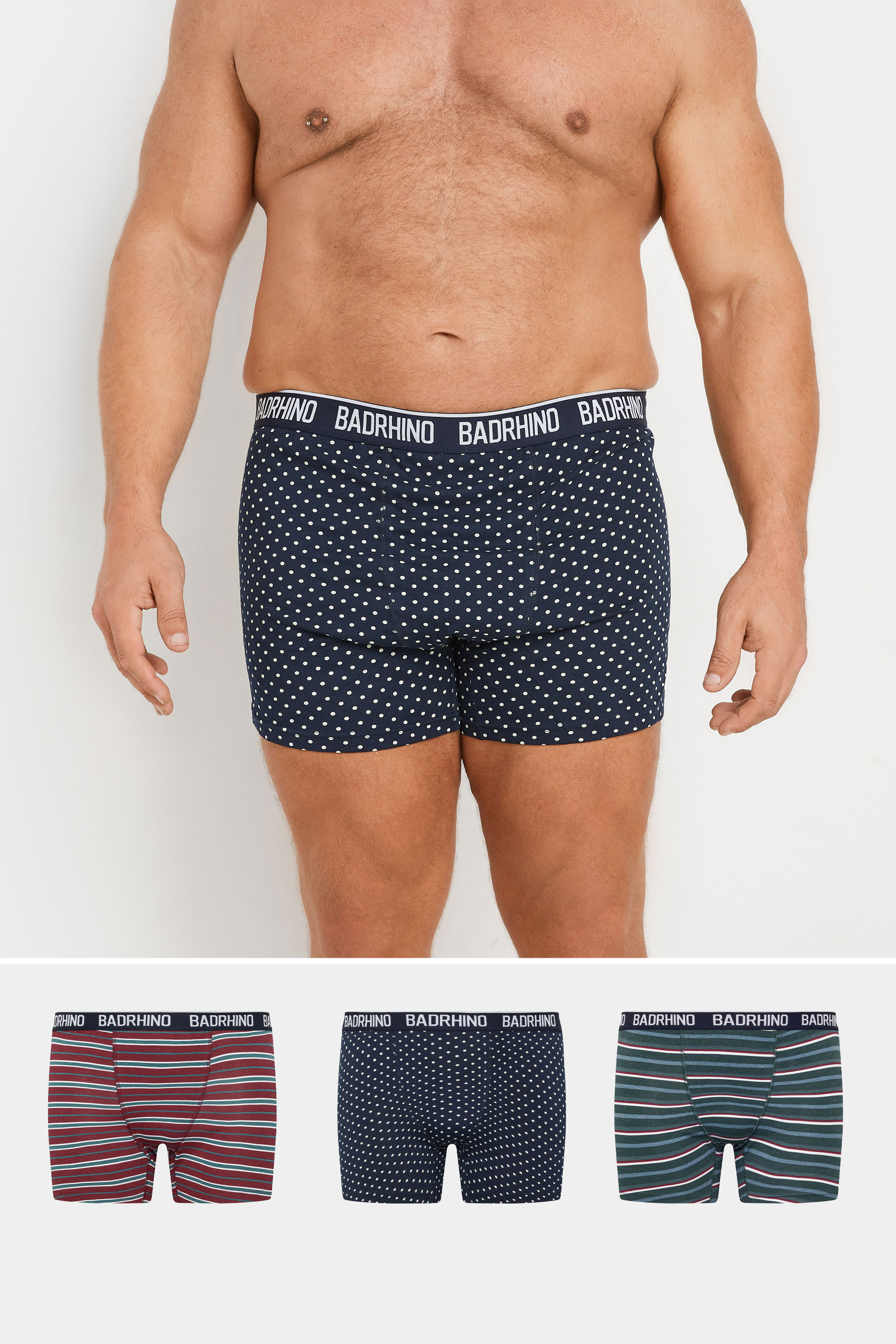 BadRhino Big & Tall 3 PACK Navy Blue Stripe & Spot Boxers | BadRhino 1