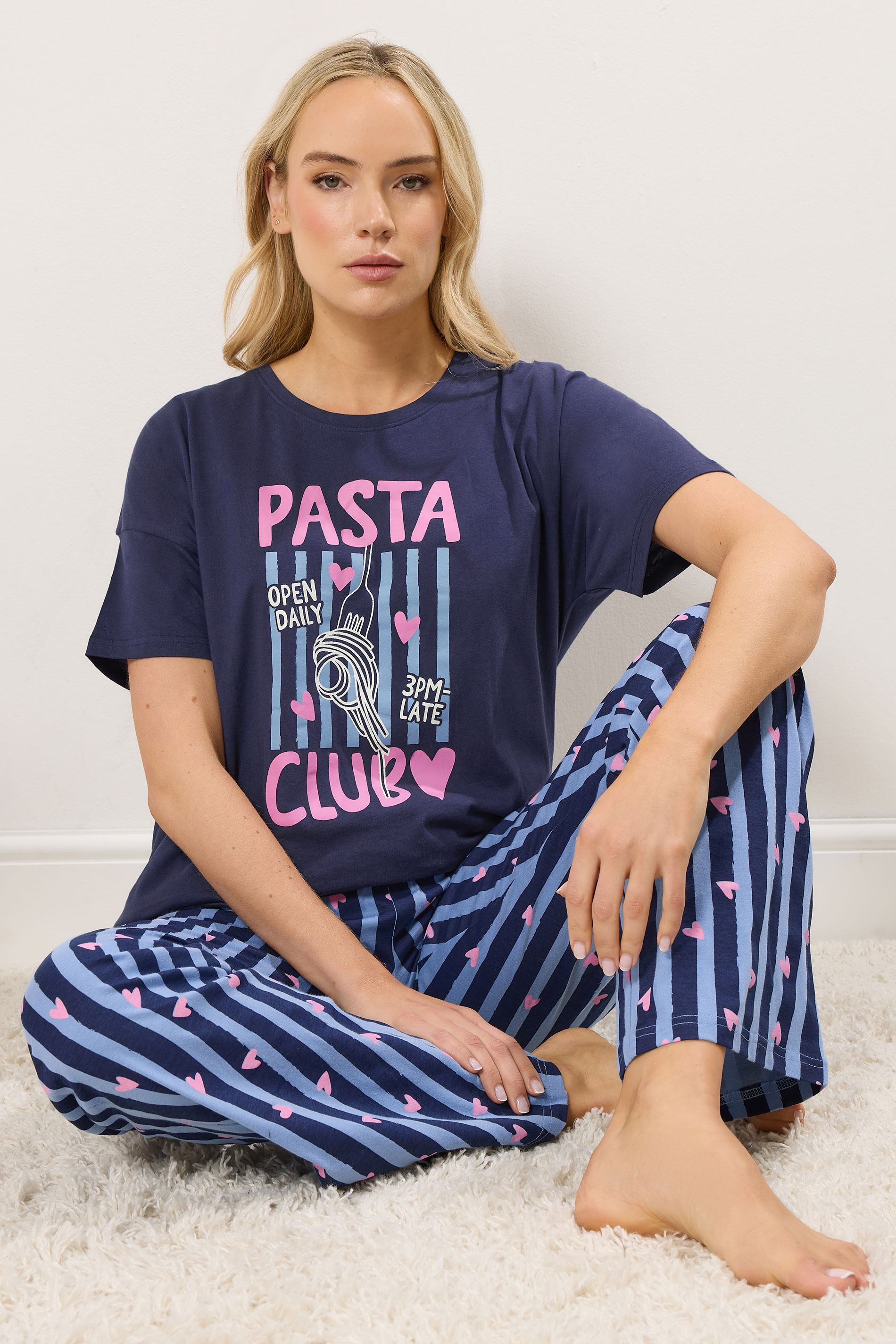 LTS Tall Women's Navy Blue 'Pasta Club' Wide Leg Pyjama Set | Long Tall Sally 2