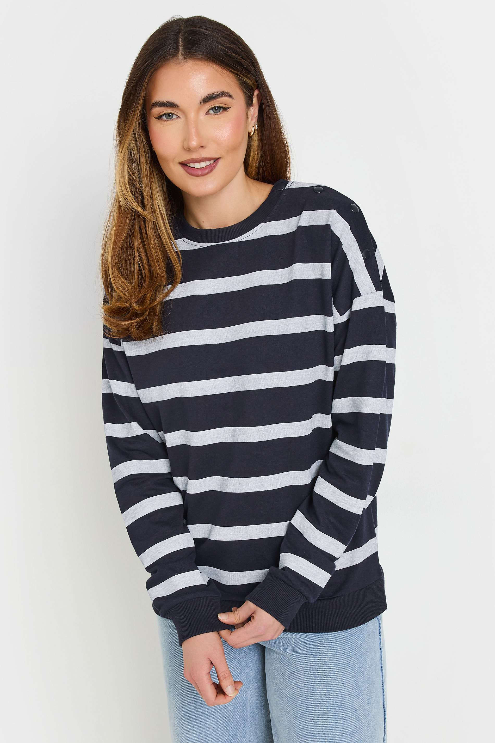 LTS Tall Navy Blue Striped Button Sweatshirt | Long Tall Sally 2