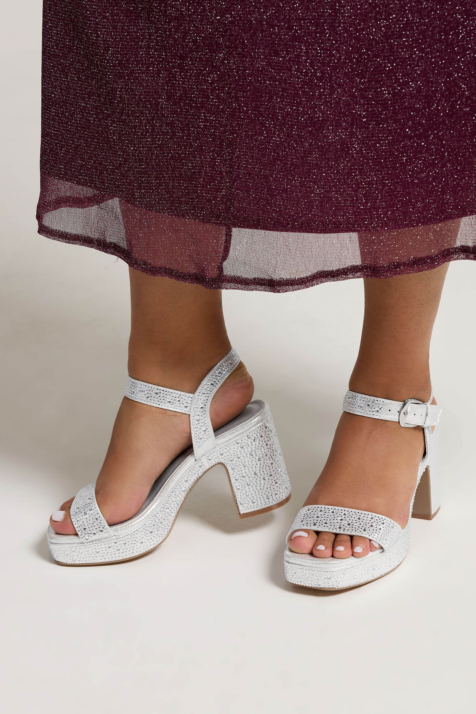 Silver Diamante Platform Block Heels In Wide E Fit | Yours Clothing 1