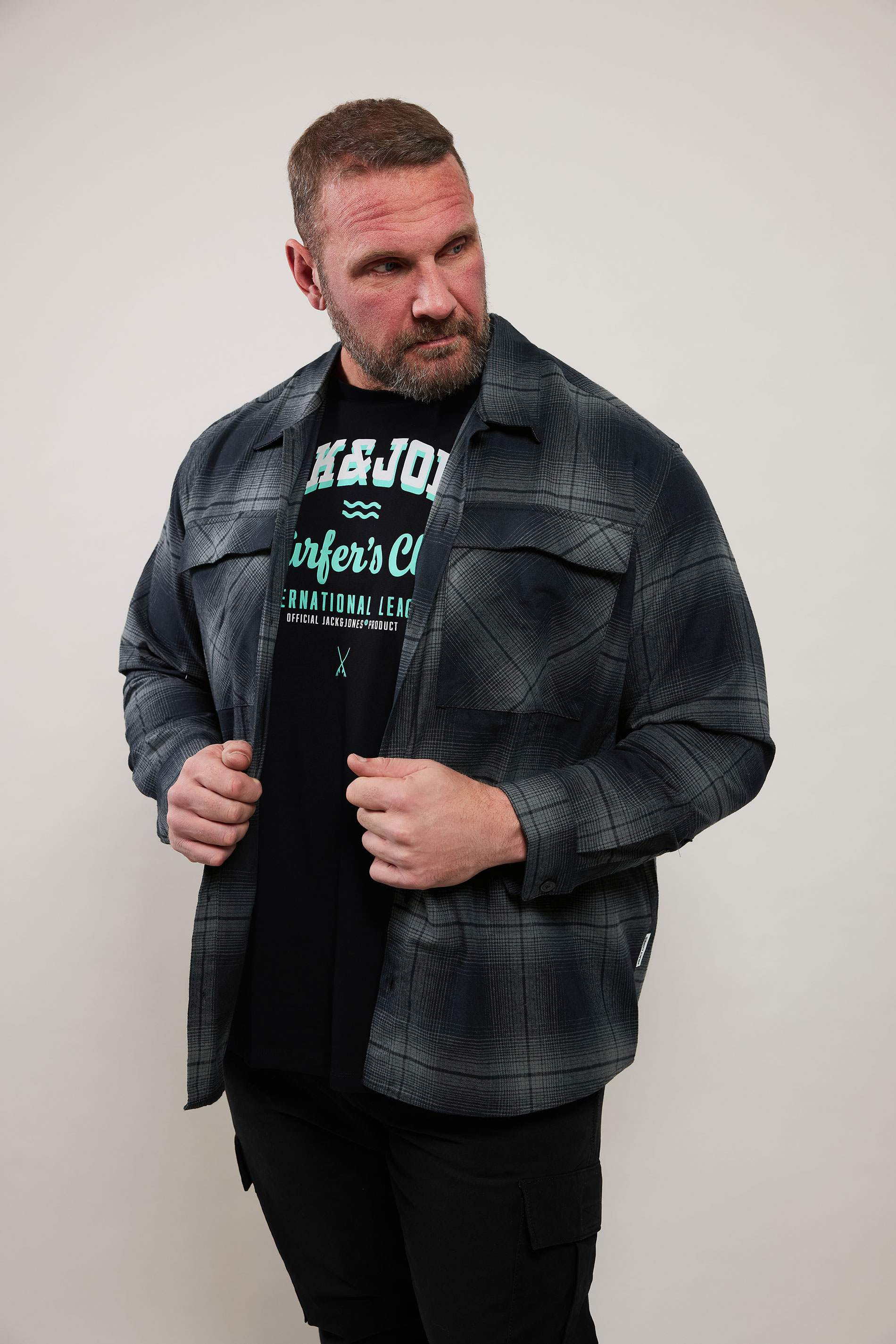 JACK & JONES Big & Tall Grey Check Overshirt | BadRhino 1