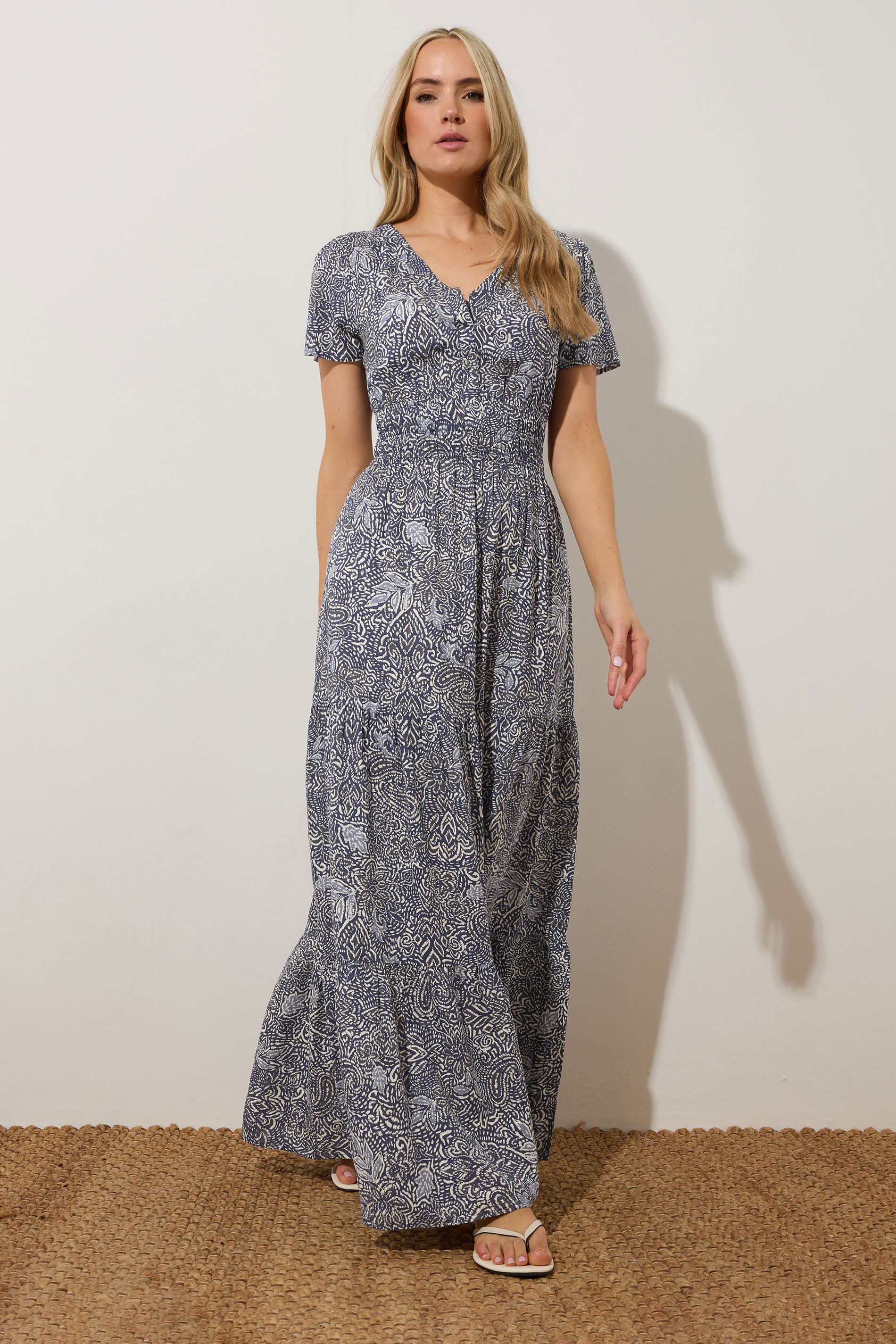 LTS Tall Navy Blue Abstract Tiered Maxi Dress | Long Tall Sally 1