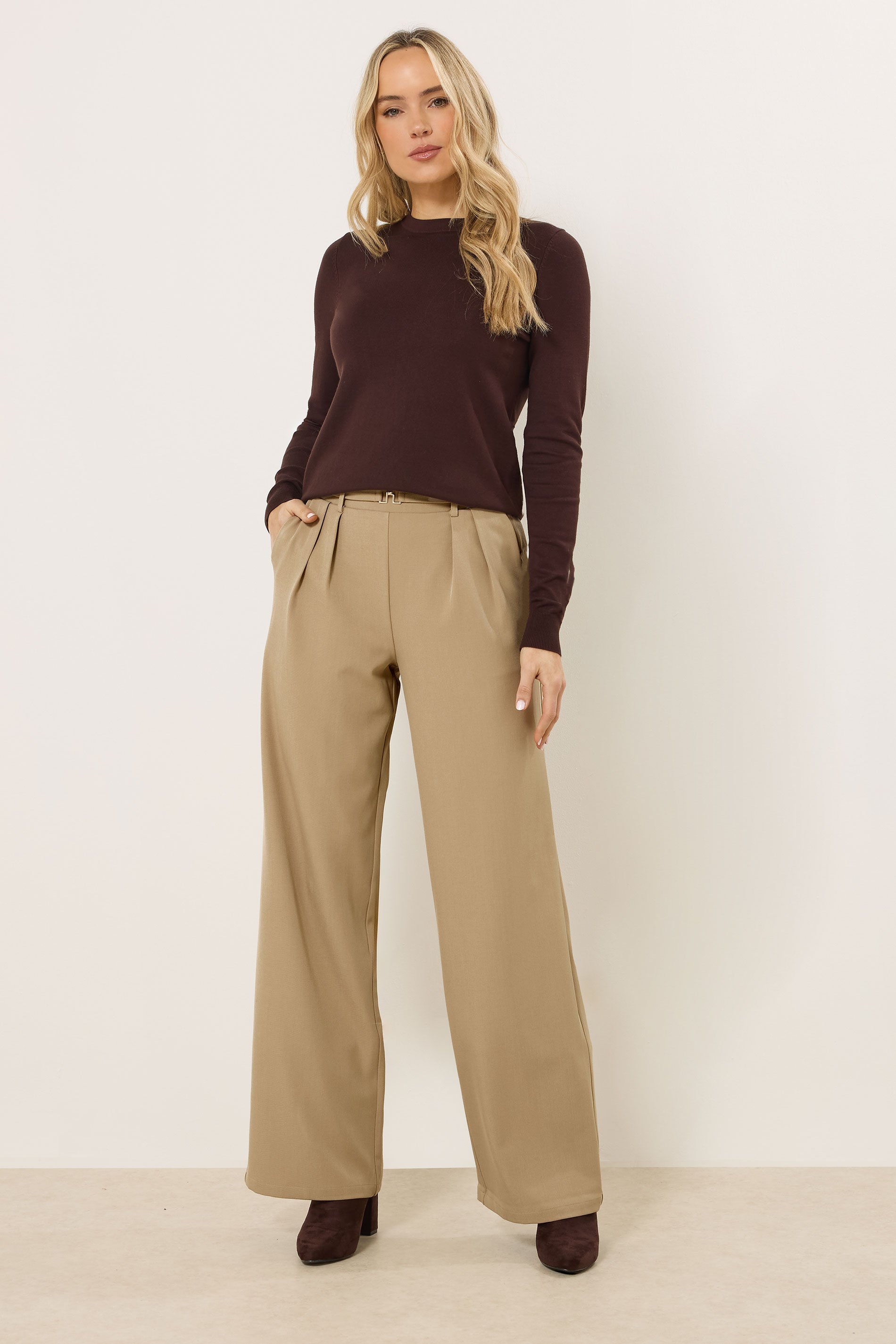 LTS Tall Women's Natural Brown Buckle Wide Leg Trousers | Long Tall Sally 1