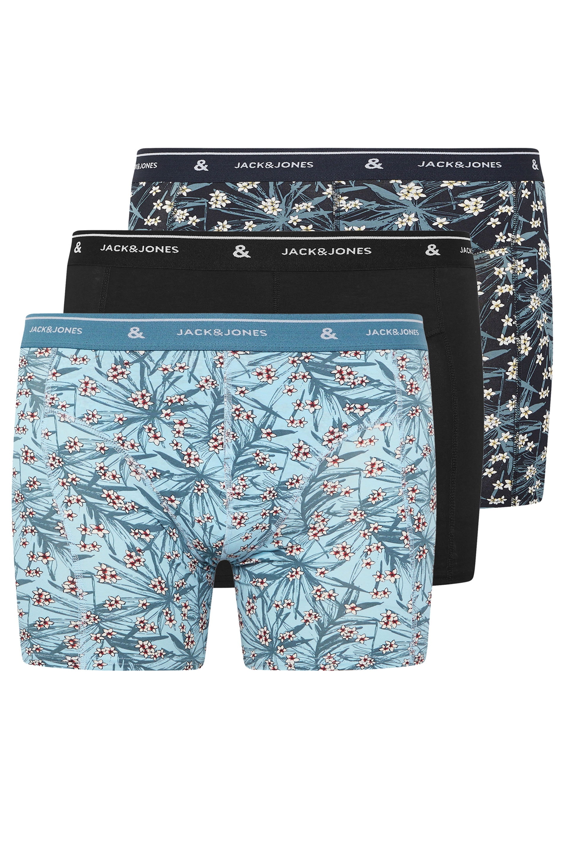 JACK & JONES Big & Tall 3 Pack Chambray Blue Floral Patterned Boxers | BadRhino 4