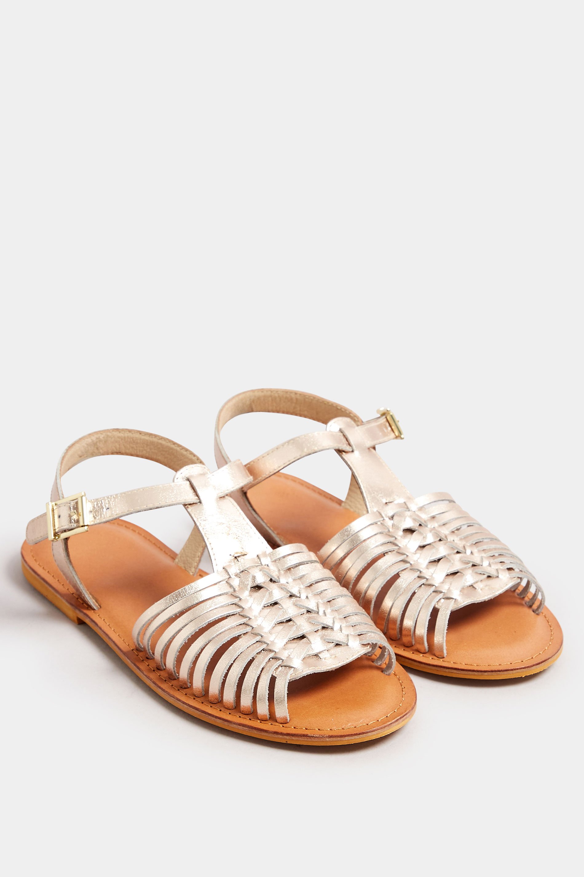 Gold Leather Woven Fisherman Sandals In Extra Wide EEE Fit | Yours Clothing 3