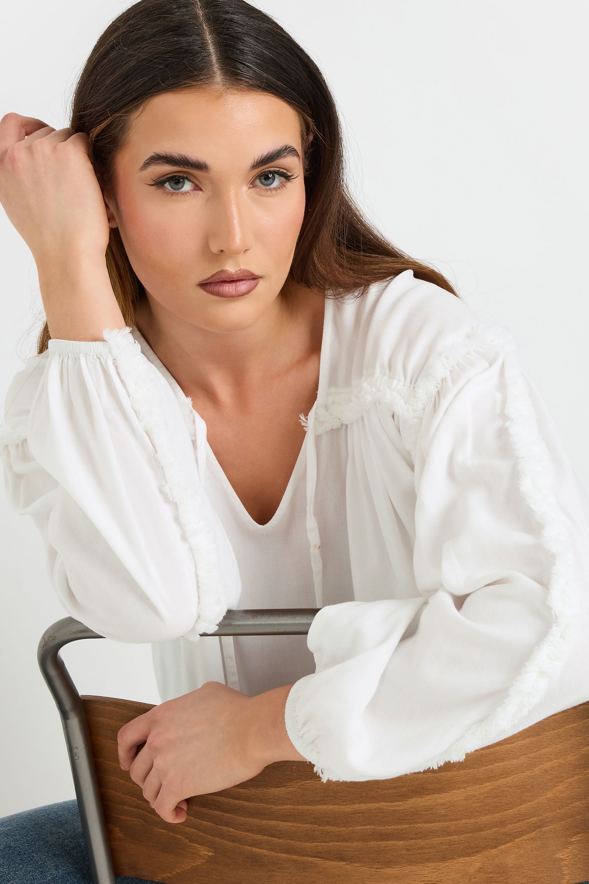 LTS Tall Ivory White Fringed Seam Tie Neck Blouse | Long Tall Sally 8