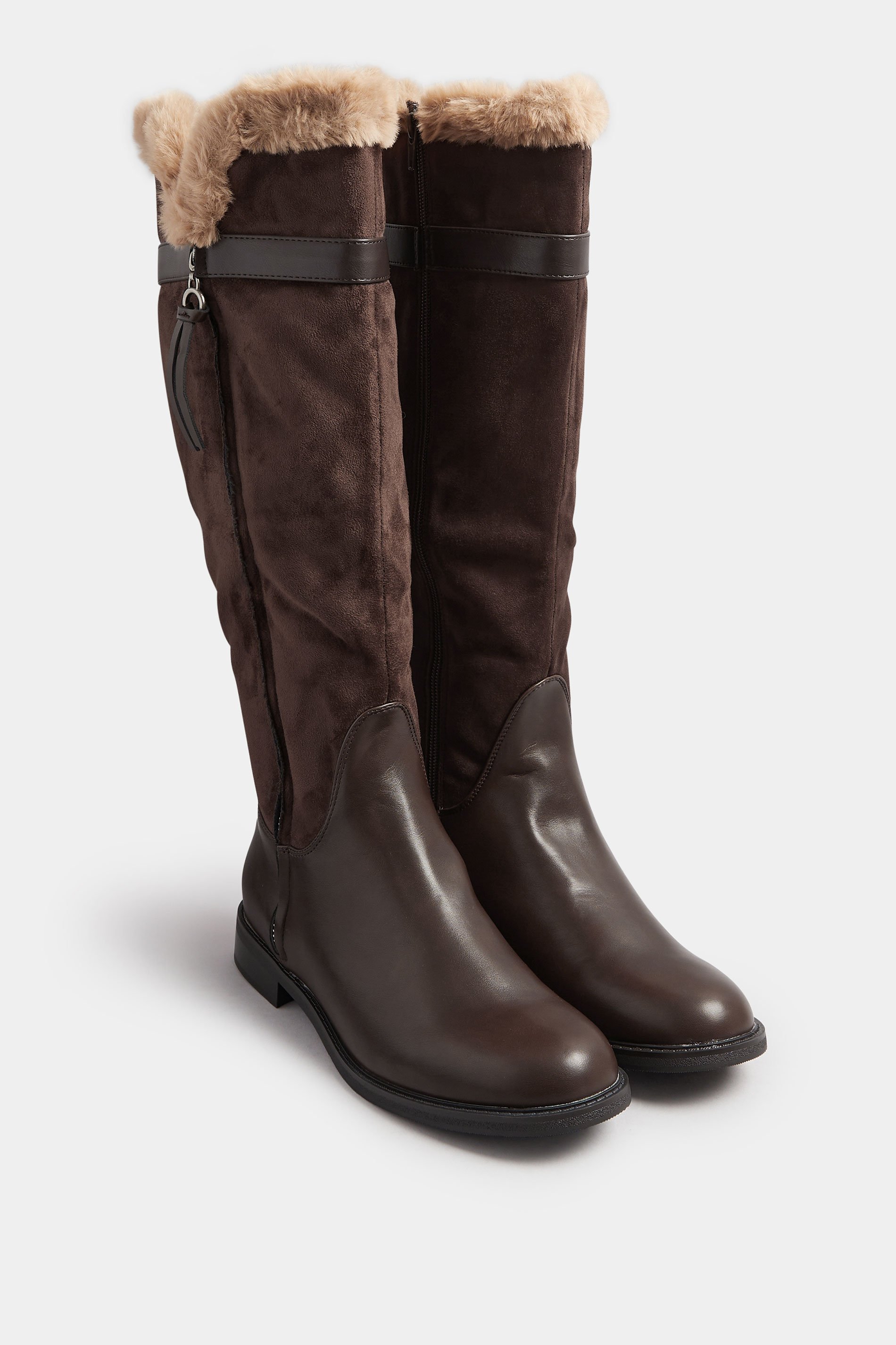 Chocolate Brown Faux Suede Lined Knee High Boots In Standard Fit | Yours Clothing 2