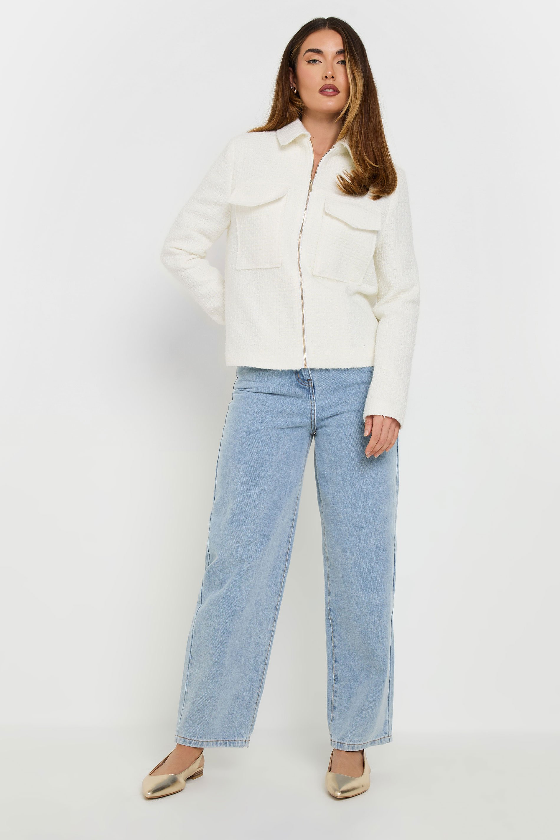 LTS Tall Ivory White Boucle Zip Bomber Jacket | Long Tall Sally 3
